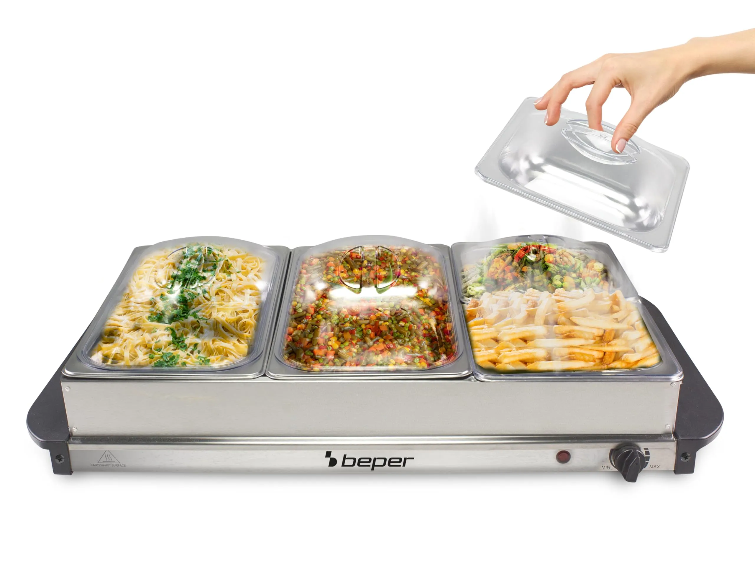 BEPER P101TEM002 Scaldavivande da Buffet, Mantenitore di Calore per Pietanze, 4 Vassoi Rimovibili + Base Piastra Calda, Termostato Regolabile e Maniglie Termoisolanti, Ideale per feste ed eventi