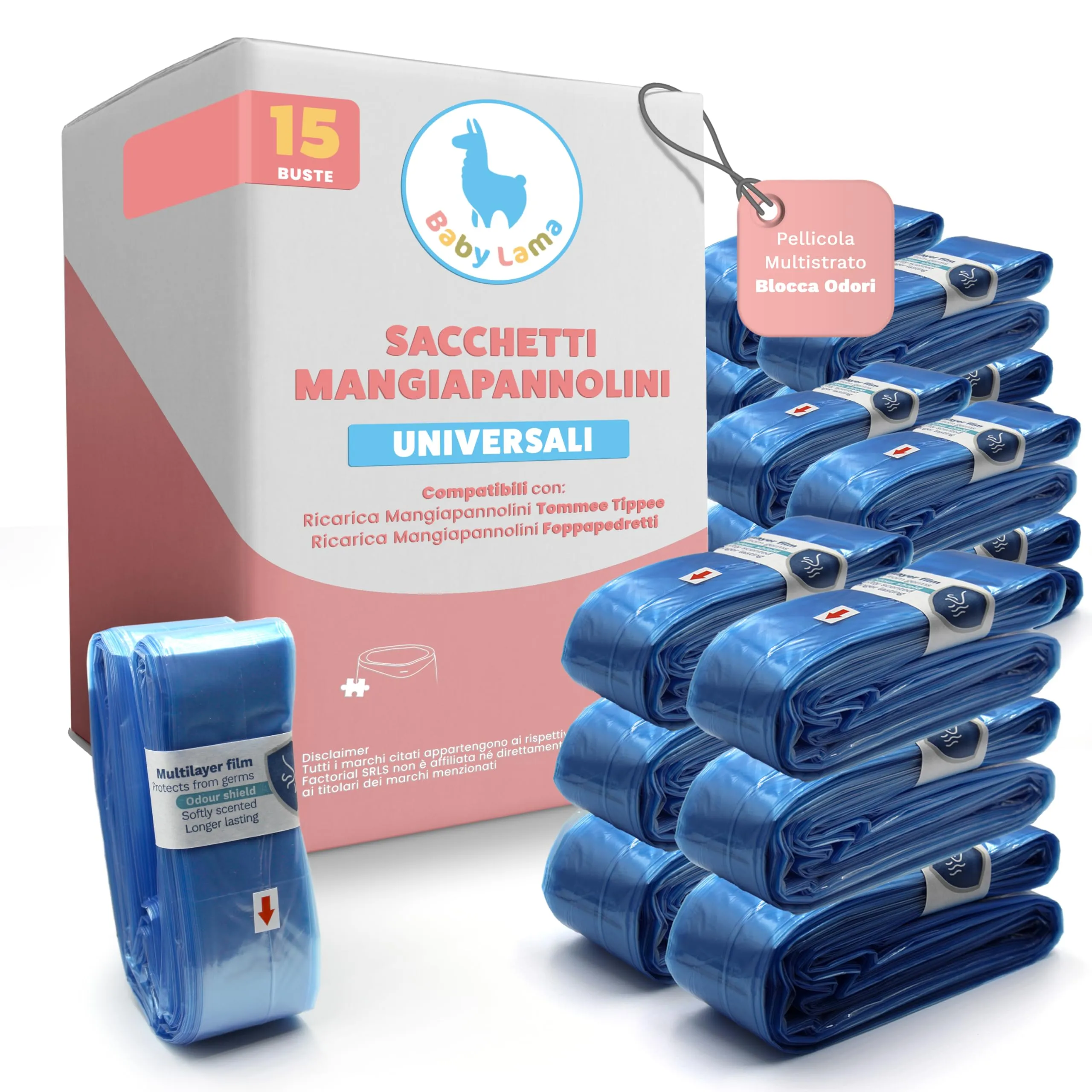 Baby Lama 15 Buste compatibili con Ricarica Mangiapannolini Tommee Tippee. Made in Italy. Compatibili con Tommee Tippee Ricariche Twist e Click, Simplee Sangenic Tec. Sacchetti Antiodore