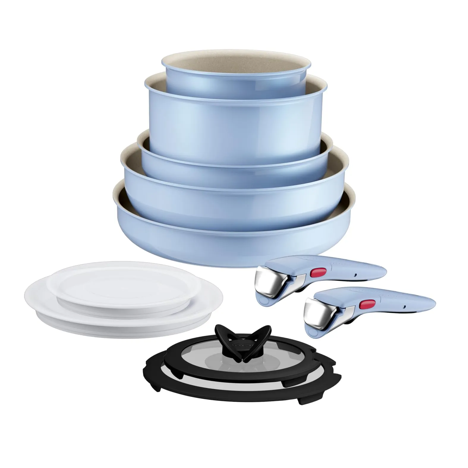 Lagostina Ingenio Pastel, Set di Padelle Antiaderenti 11 Pezzi con Manico Rimovibile, Compatibili con Induzione e Forno, Design Salvaspazio, Colore Brezza