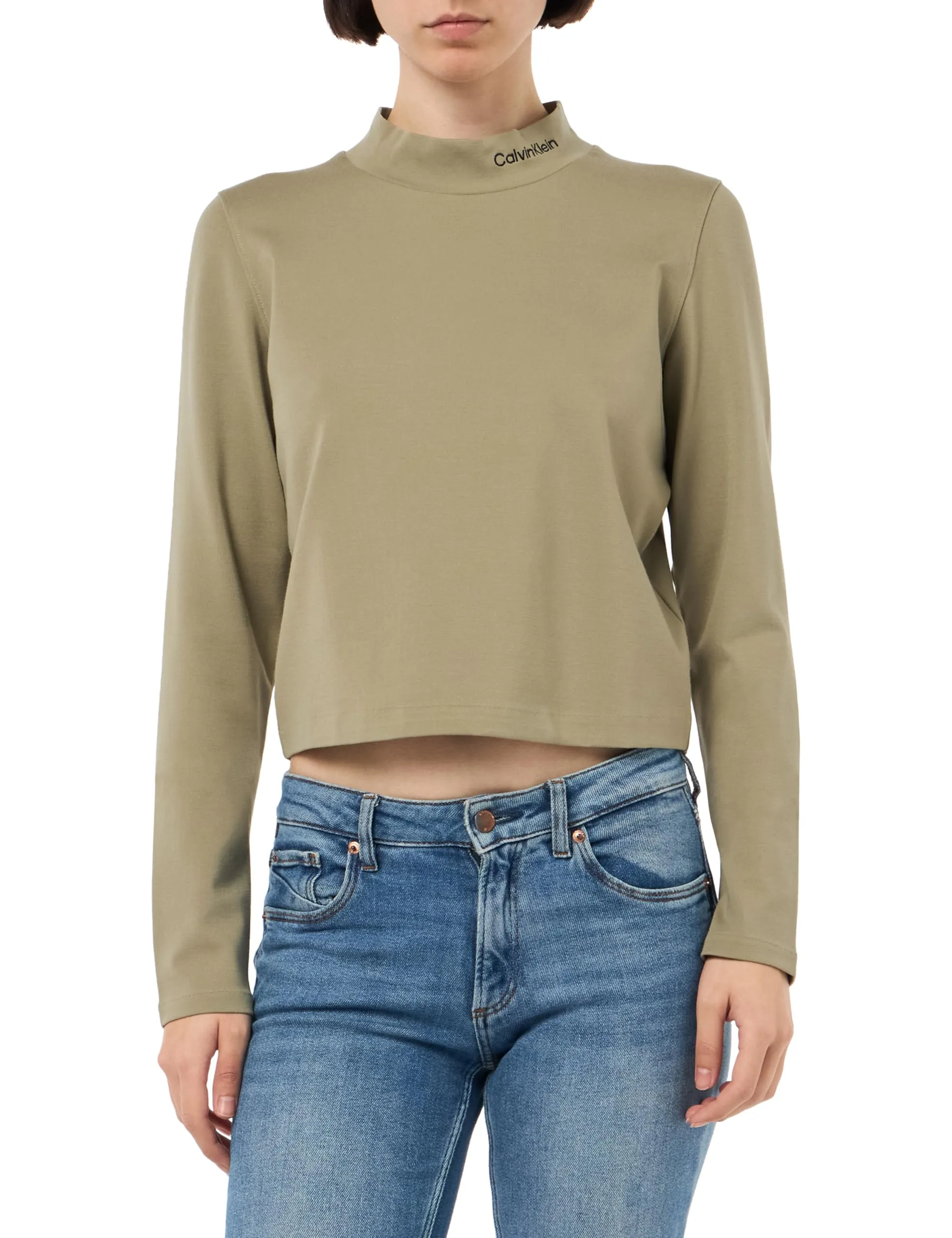 Calvin Klein Donna Maglietta Maniche Lunghe Milano Logo Elastic Top Collo a Lupetto, Beige (Nordic Dust), M