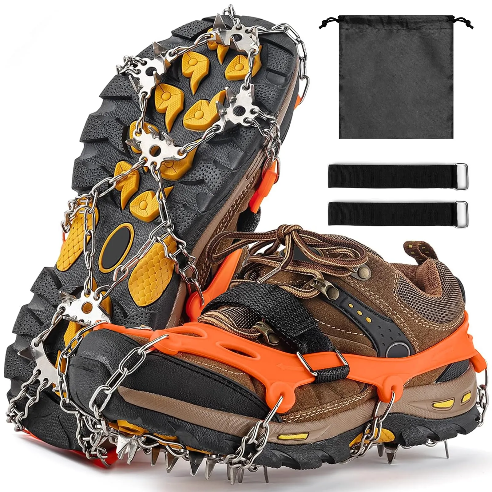 XUNIVERS Ramponi per Scarponi,Ramponi da Ghiaccio per Scarponi,24 Denti,Portatile Ramponcini,per trekking invernale,Trekking Trail Running da Antiscivolo,Camminare su Neve e Ghiaccio Campeggio
