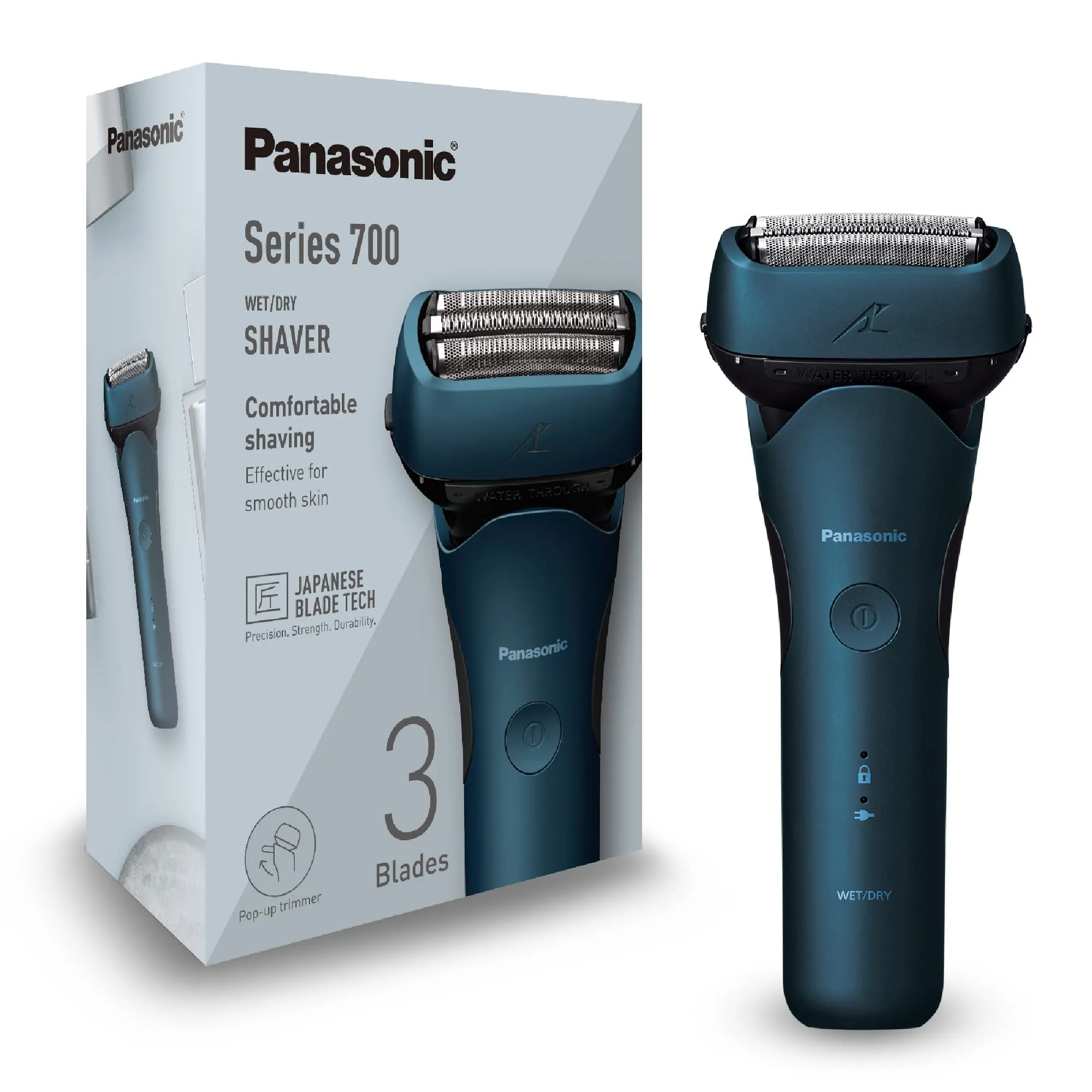 Panasonic Series 700 ES-ALT4B Rasoio Elettrico da Uomo a 3 Lame Wet & Dry, Rasoio Portatile Impermeabile, Sensore Barba Reattivo, Testina Flessibile, Trimmer Pop-Up, Impugnatura Ergonomica, Blu