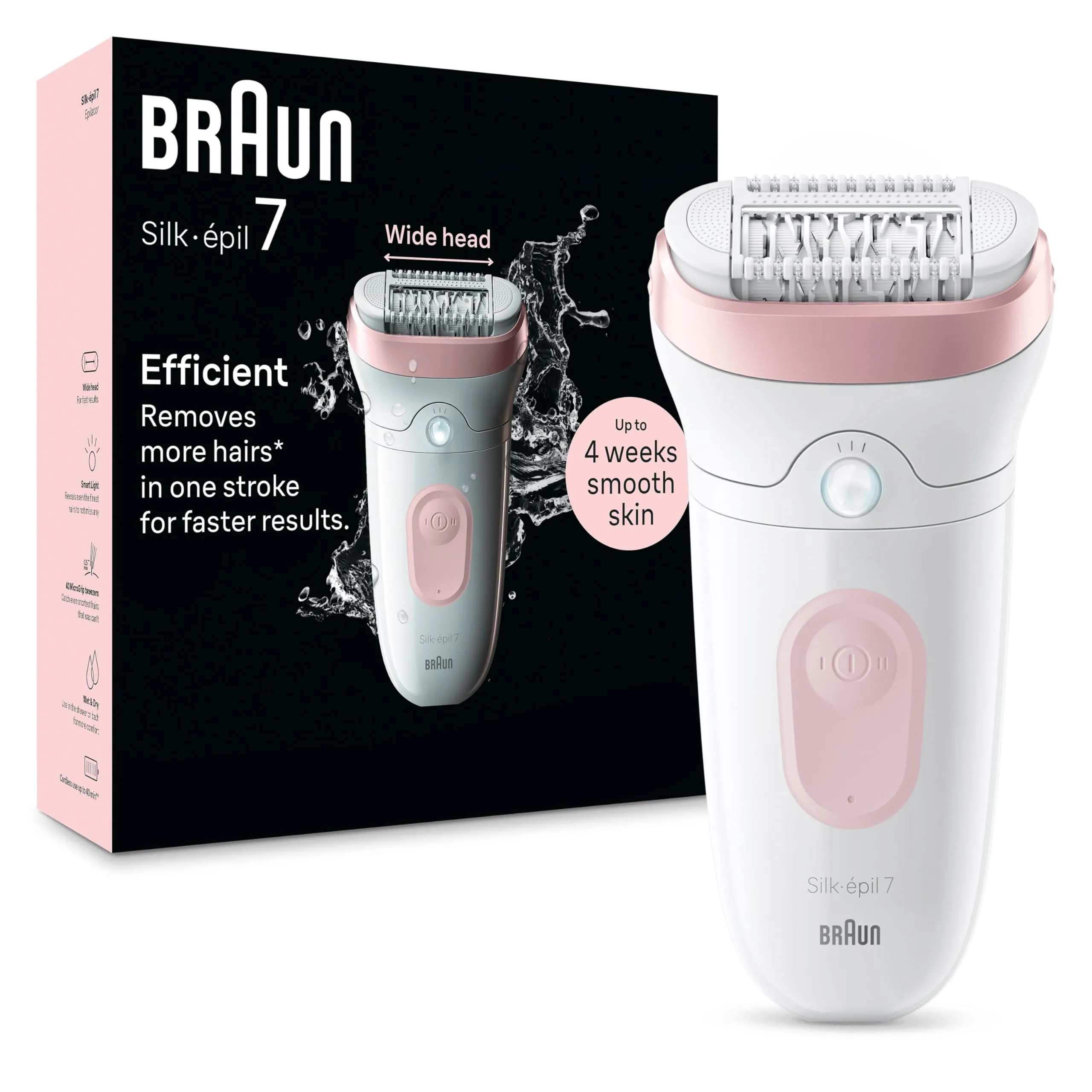 Braun Silk-épil 7 Depilatore Donna, Epilatore Elettrico Donna Con Testina Ampia Per Una Epilazione Semplice, Wet & Dry, Pelle Liscia a Lungo, 7-000, Bianco/Rosa