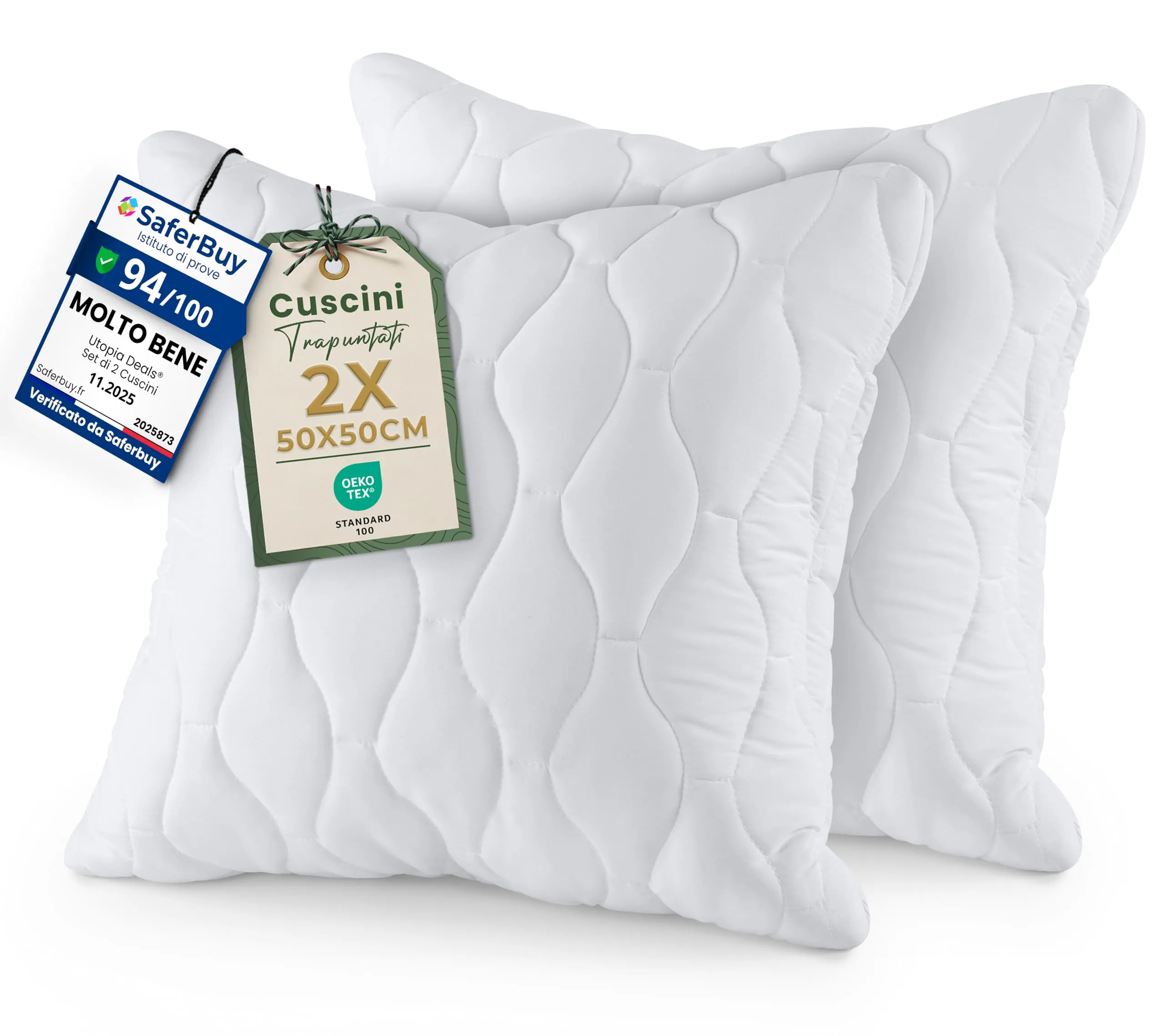 Utopia Bedding Cuscini trapuntati (Confezione da 2) 50 x 50 cm, Cuscini decorativi per letto e divano (Bianco)