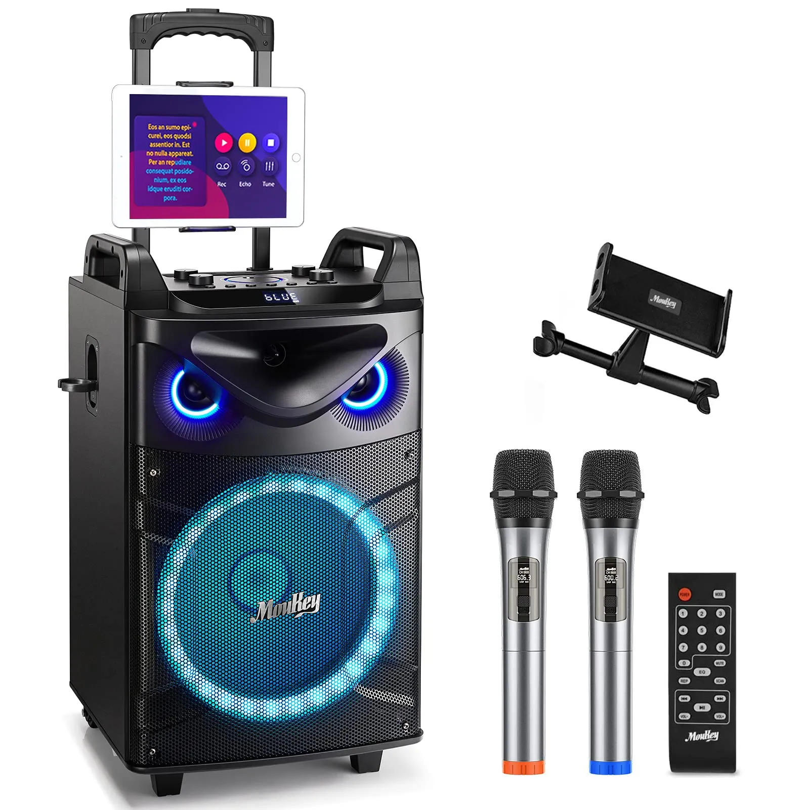 Moukey Casse Karaoke con 2 Microfoni wireless, Altoparlante portatile Bluetooth con Luci per feste, Regolazione di eco/alti/bassi, Woofer da 12 pollici Sistema PA Supporto TWS/REC/AUX IN/MP3/USB/TF/FM