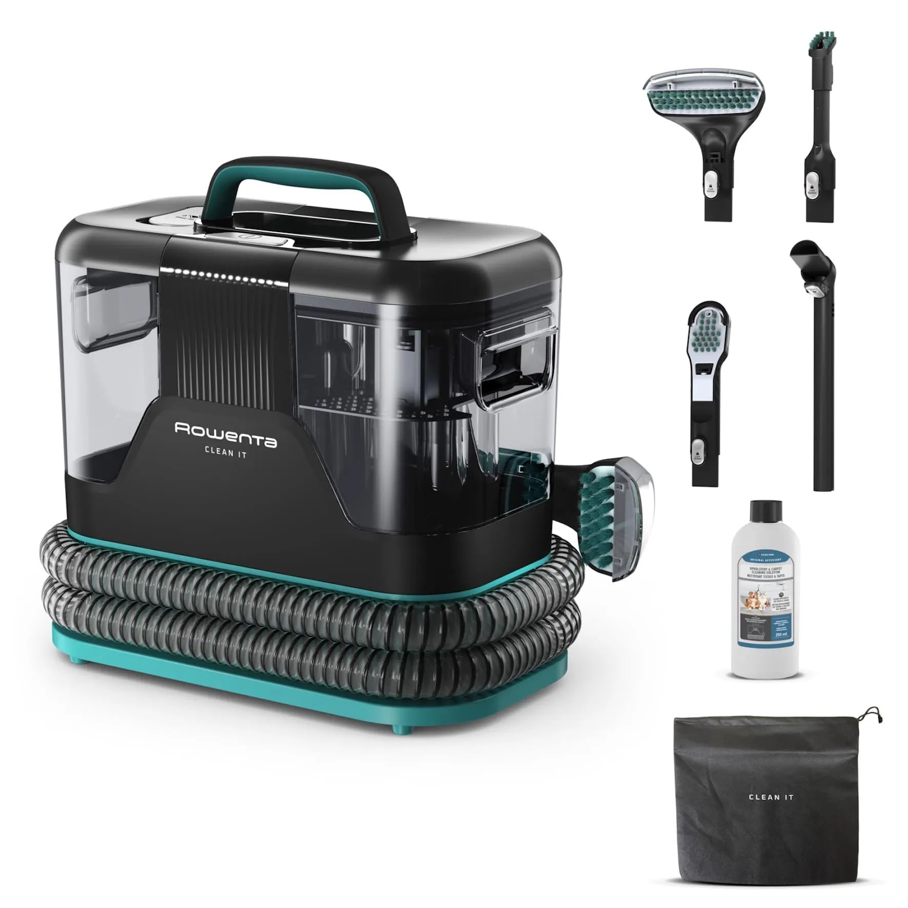 Rowenta Clean It, Lavatappeti Portatile, Lava Tappezzeria per Tappeti, Lava Divani, Auto con Testine Intercambiabili, 3.8 L, Doppio Serbatoio Acqua Pulita/Sporca, Sistema di Auto Pulizia,750 W,IN5020