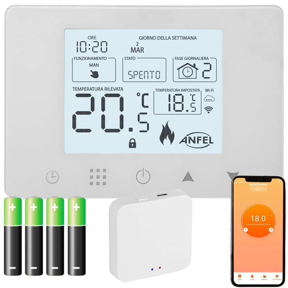 CRONOTERMOSTATO WIFI A BATTERIE PROGRAMMABILE SMARTPHONE APP ALEXA TERMOSTATO CALDAIA DA PARETE O BOX 503 display in ITALIANO con Gateway Zigbee