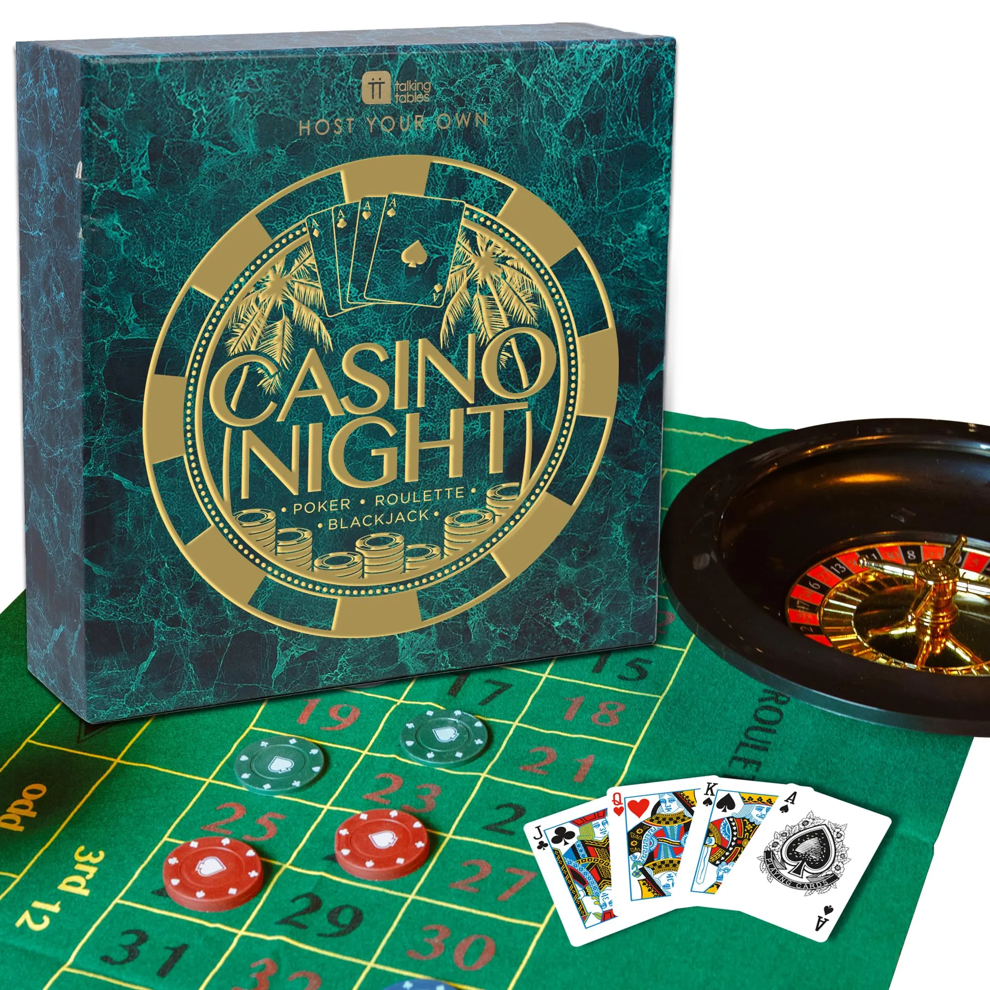 Talking Tables Kit Giochi da Tavolo Adulti Casinò Night | Include Poker Set, Blackjack, Roulette | Idea Regalo per Lui e per Lei con Tappetino da Gioco, Fiches, Carte da Gioco, Palline, Roulette