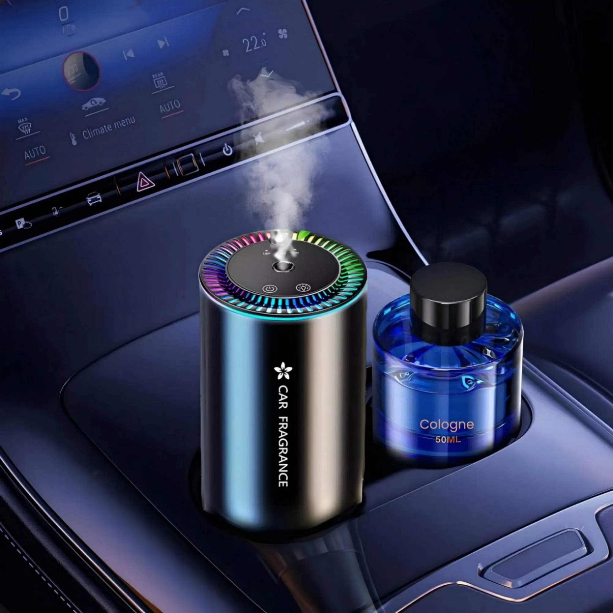 AI Profumatore Auto Diffusore con 50 ml di Profumo (Colonia), Elettrico Fragranze Deodorante, Nebulizzatore ad Ultrasuoni, 3 Modalità, ON/Off Automatico, Batteria Integrata, con Durata di 5 Mesi
