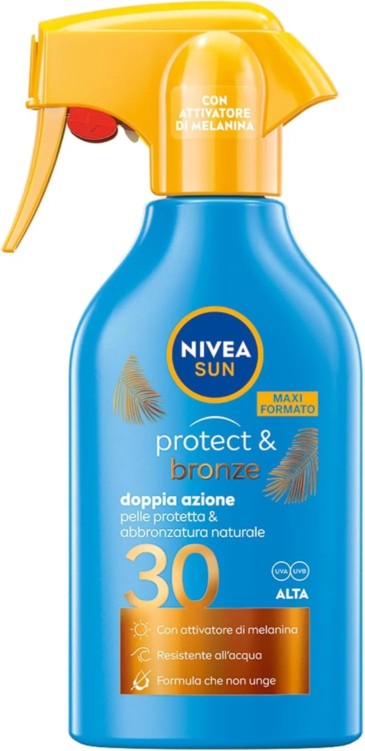 NIVEA SUN Maxi Crema Solare Spray Protect & Bronze FP 30 270 ml, Crema solare 30 per un'abbronzatura Dorata, Intensa e Uniforme, Protezione Solare 30 in Pratico Flacone in Spray