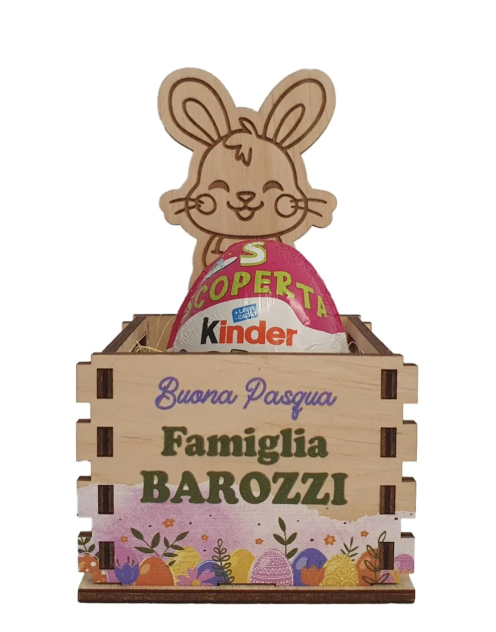 Cestino Pasquale porta uovo kinder od ovetti di cioccolato porta cioccolatini in legno con coniglietto e grafica a colori personalizzata - idea regalo pasqua - contenitore personalizzato (grafica 3)