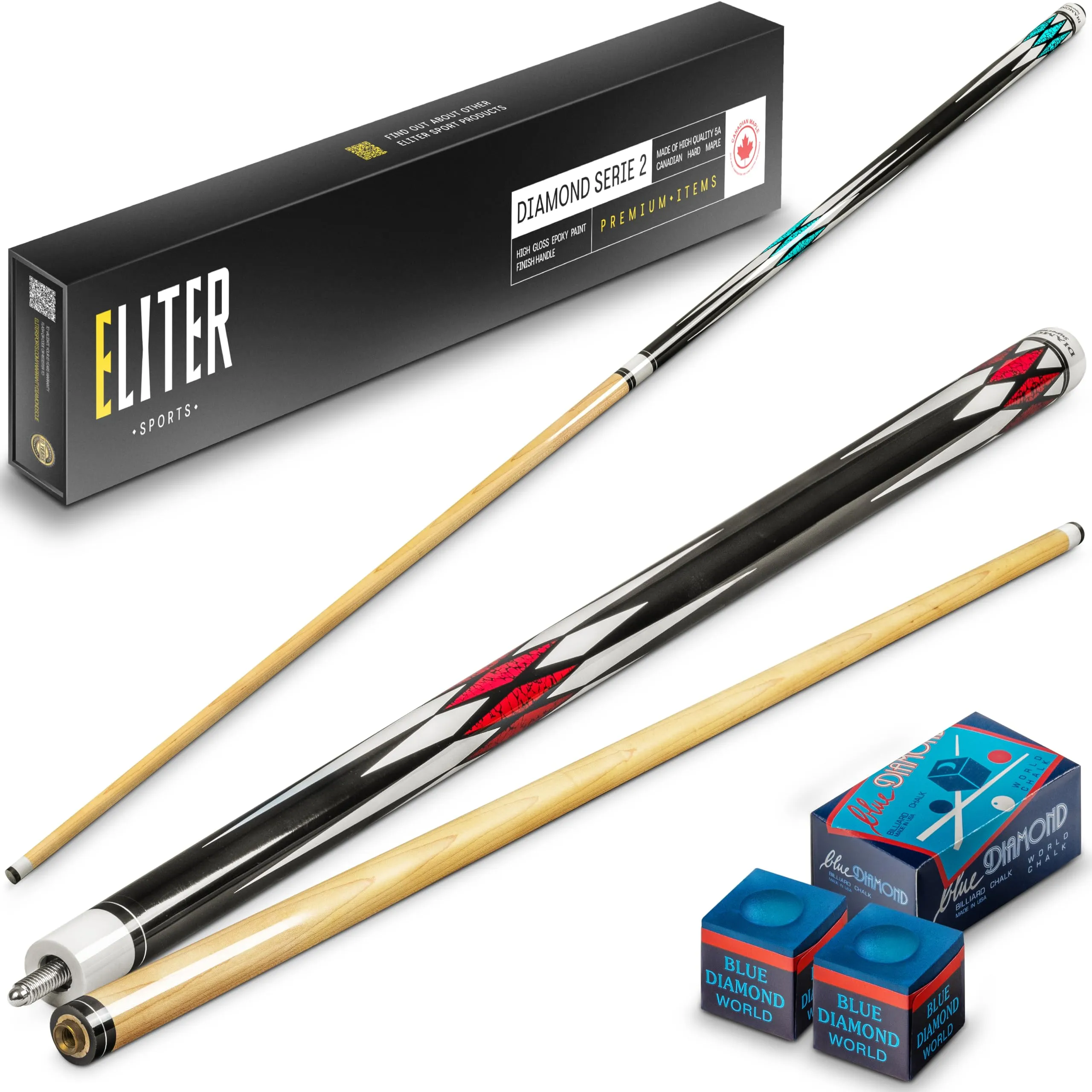 ELITER SPORTS ® Set di 2 Stecche Biliardo Professionali- Stecca biliardo in acero massiccio - Morbida e resistente per un migliore controllo e precisione - Design originale