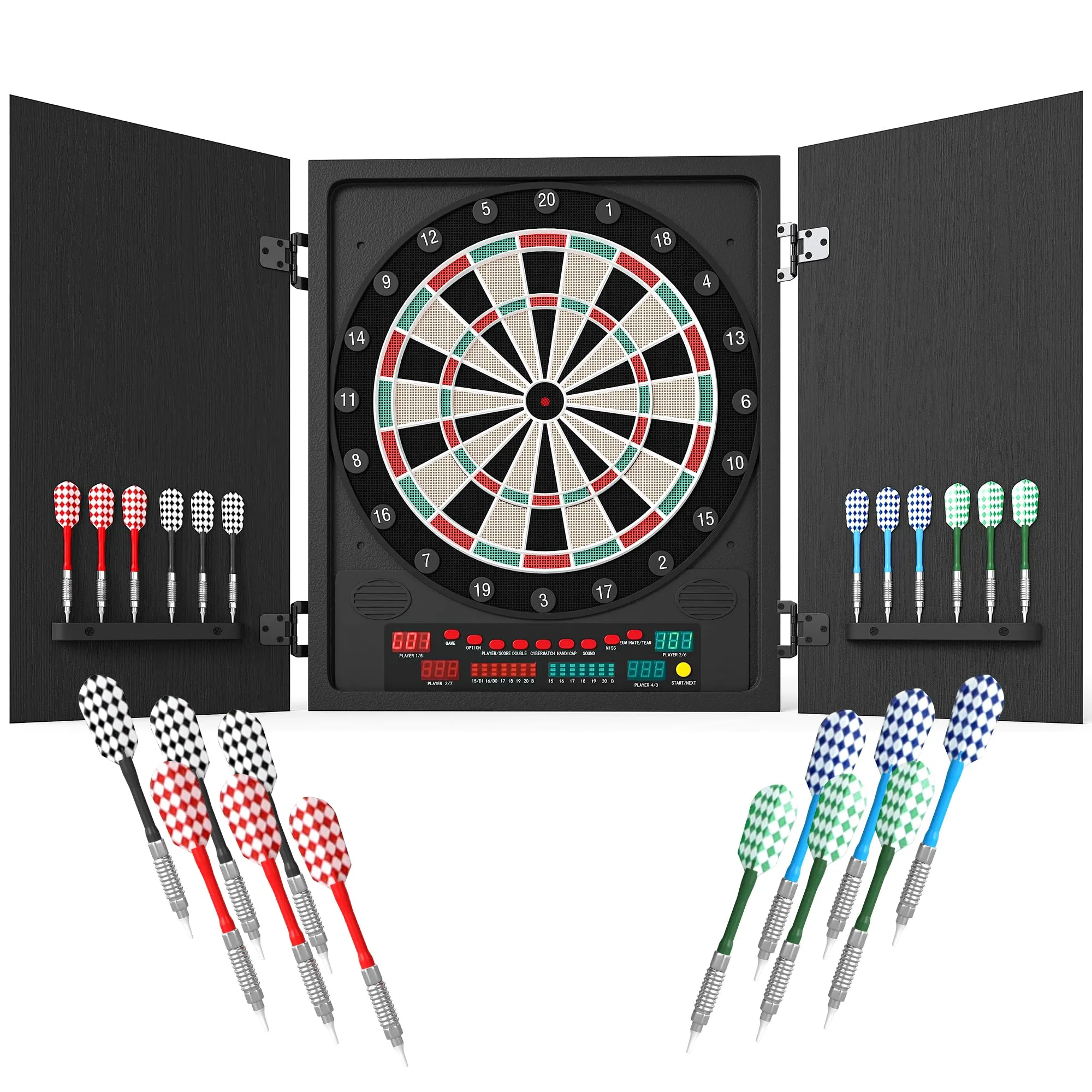 HOMCOM Bersaglio Freccette Elettronico con 6 Display, Bersaglio Professionale con 12 Freccette Incluse e 27 Modalità di Gioco, per 8 Persone, 51x6.5x57cm, Nero