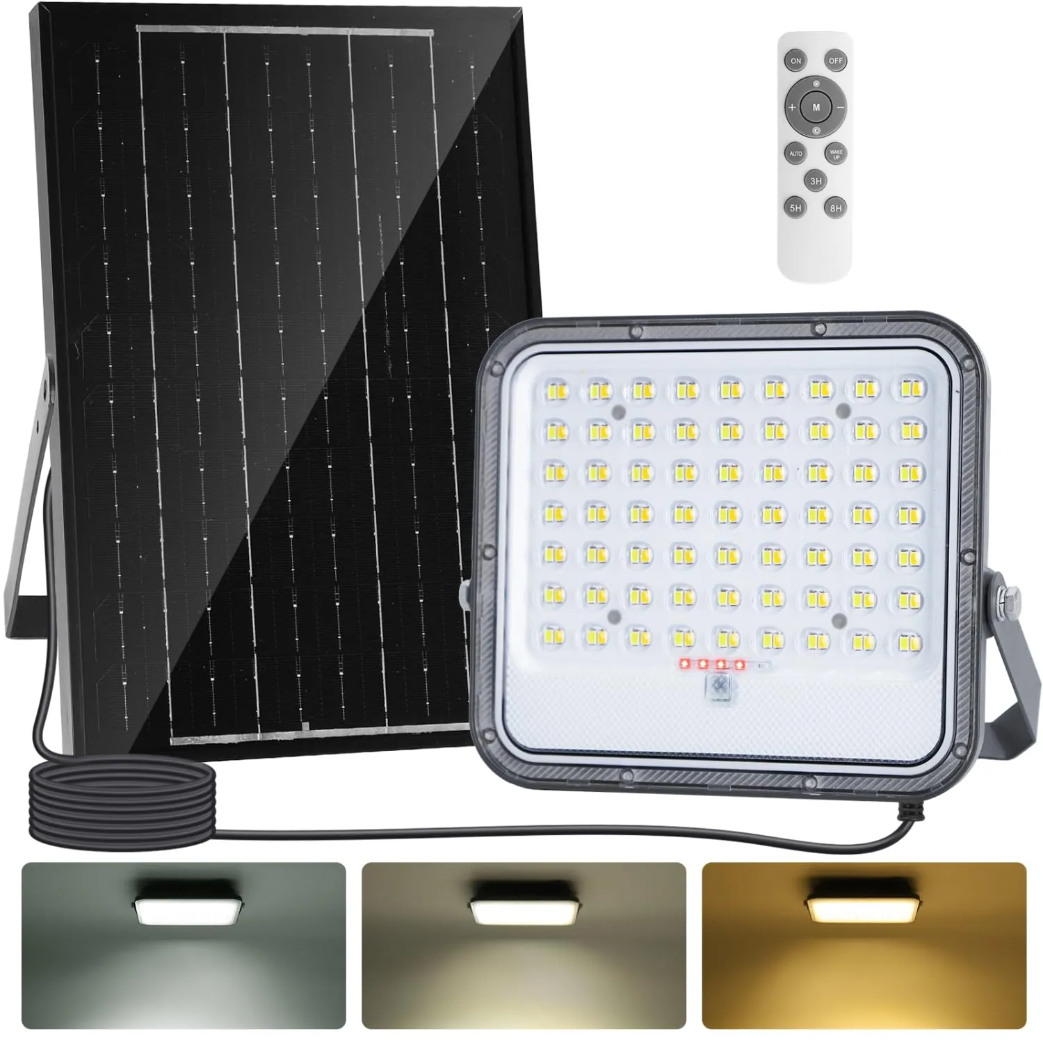 Aigostar- Faro led esterno con grande pannello solare，dimmerabile 3000/4000/6500K，8000mAH，Batteria di grande capacità，IP66，Faretto led da esterno solare con telecomando per esterno e giardino