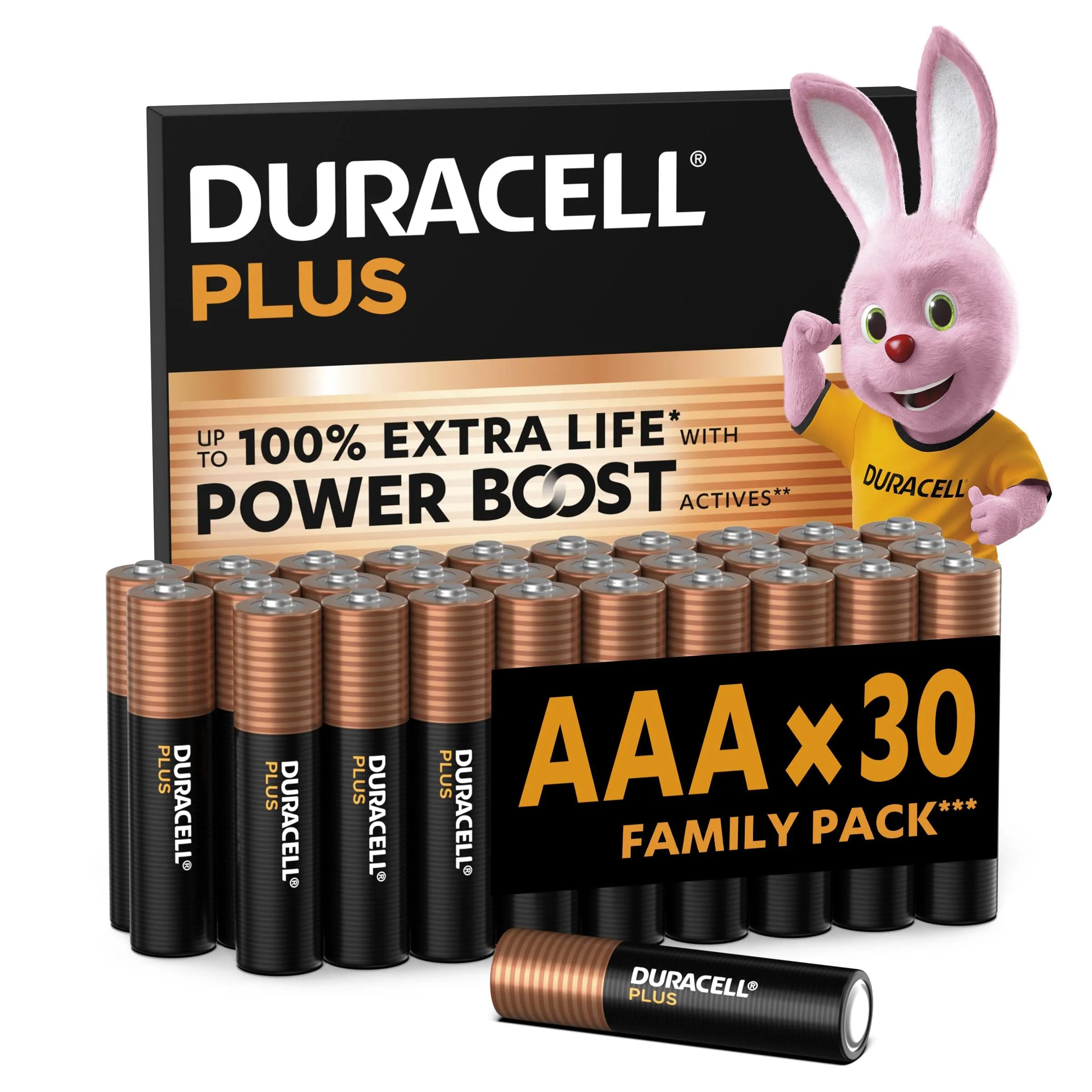 DURACELL Plus AAA Batteries (30 Pack) – Alkaline Batteries 1.5V – Up to 100% Extra Life with POWER BOOST Actives– Reliability For Everyday Devices – 0% Plastic Packaging – 10-Year Storage-MN2400