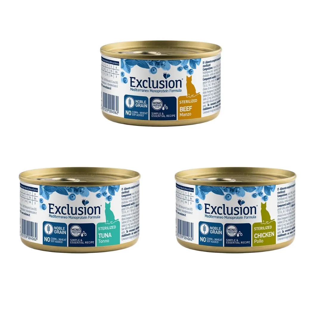 Exclusion Umido Gatto Monoprotein Sterilised,alimento completo per gatti adulti sterilizzati di tutte le taglie,monoproteico,gusti assortiti| 12 lattine da 85 grammi l’una.