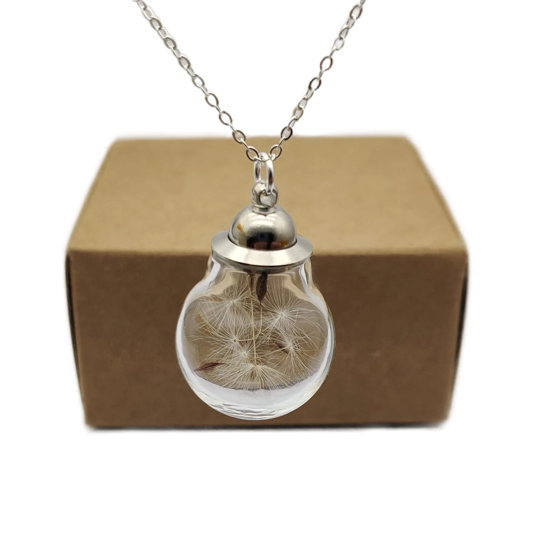 Dente di leone Esprimi un desiderio Tarassaco Vero Fiori Apribile Vetro Cilindro Palla Argento Sterling 925 Collane Con pendenti Donna Handmade