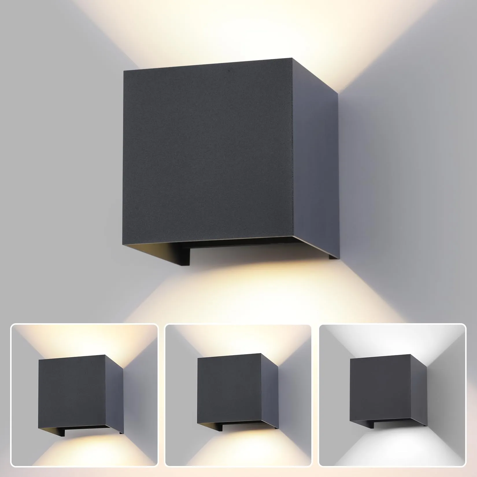 FUPE LED 15W Lampada da Parete Esterno/Interno Regolabile 3 colori Cubo 11CM IP65 Impermeabile Lampade da Esterno Parete Applique Esterni Quadrata Angolo del Fascio Regolabile Moderne Antracite