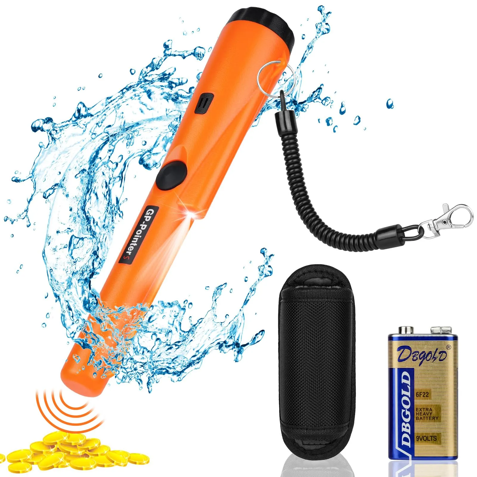 Flintronic Metal Detector, Impermeabile IP66, Detector Portatile a Scansione a 360°, con Luce LED e Batteria 9V, Indicatore LED Integrato e Luce di Allarme, per Caccia di Oro Tesoro, Alta Sensibilità