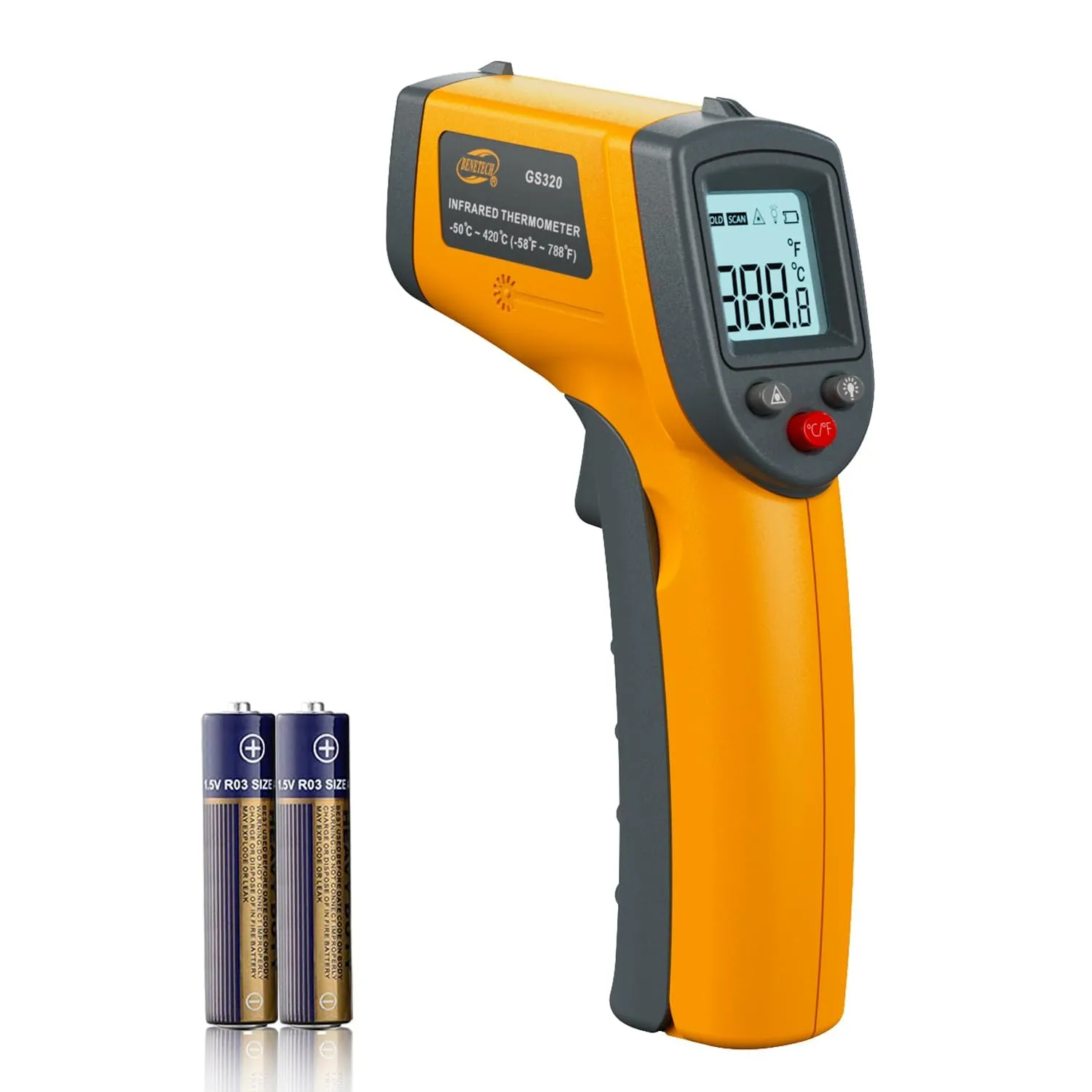 Termometro a Infrarossi Digitale Benetech, Pistola a Temperatura Laser Senza Contattato per Cucina, Forno Pizza, Barbecue, Frigorifero, HVAC, Cibo (GS320)