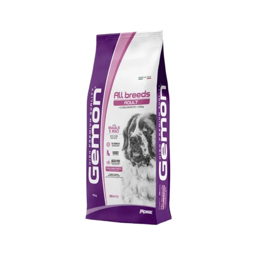 Gemon All Breeds Cane Adult Maiale e Riso 15kg, alimento completo secco per cani adulti di tutte le taglie, confezione da 15kg.