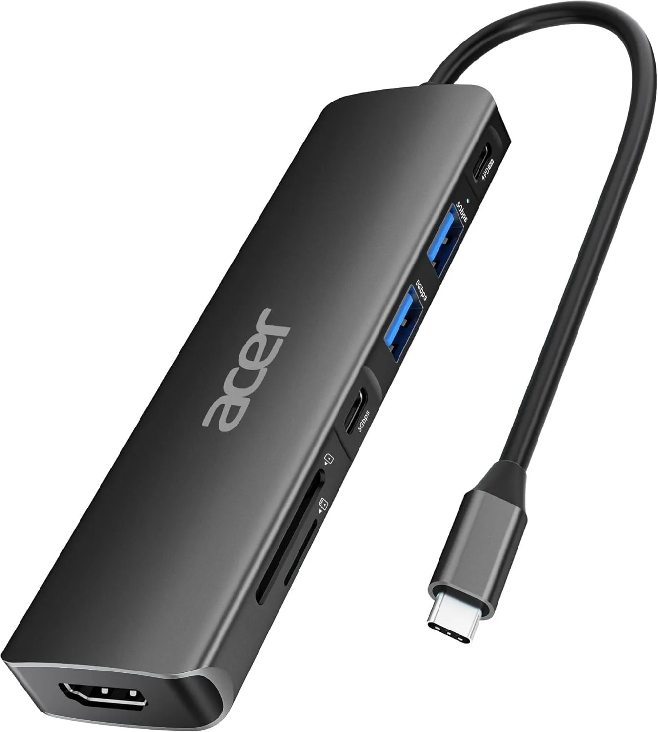 Acer Hub USB C 7 in 1, USB C Adattatore con 4K HDMI, 2 USB-A 3.0 5Gbps, PD 100W, Lettore Schede SD/TF, Sdoppiatore Multi USB per Computer/MacBook Pro Air/iPad/iPhone 15/Surface/Steam Deck (Nero)