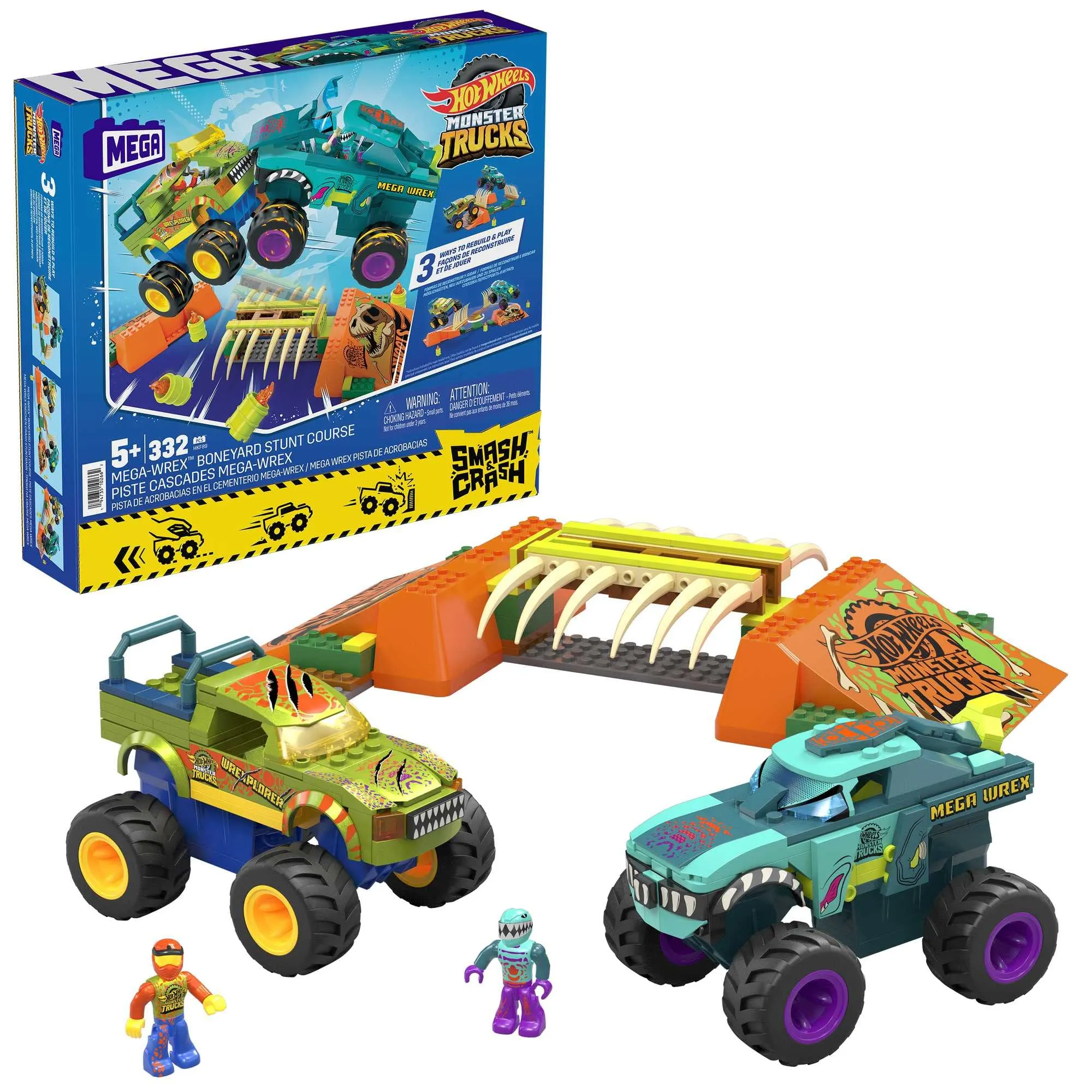 MEGA Hot Wheels Monster Trucks - Percorso Sfasciacarrozze Mega-Wrex Scontra e Schianta, Set da costruzione con 332 pezzi, 2 veicoli e 2 micro action figures, giocattolo per bambini, 5+ anni, HKF89