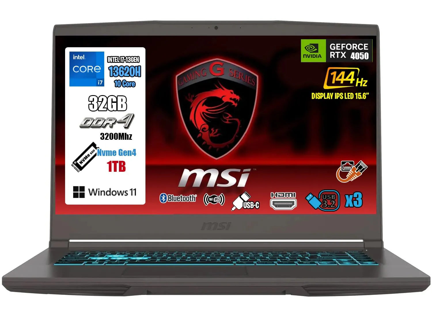 MSI Thin 15 Pc Gaming, Notebook Gaming I7-13620H, 32 GB RAM, 1TB SSD, 15.6" FHD 144Hz IPS, GeForce RTX 4050 (6GB GDDR6), Win 11 Home, Tastiera Retroilluminata, Pc Portatile, Laptop Gaming Superior