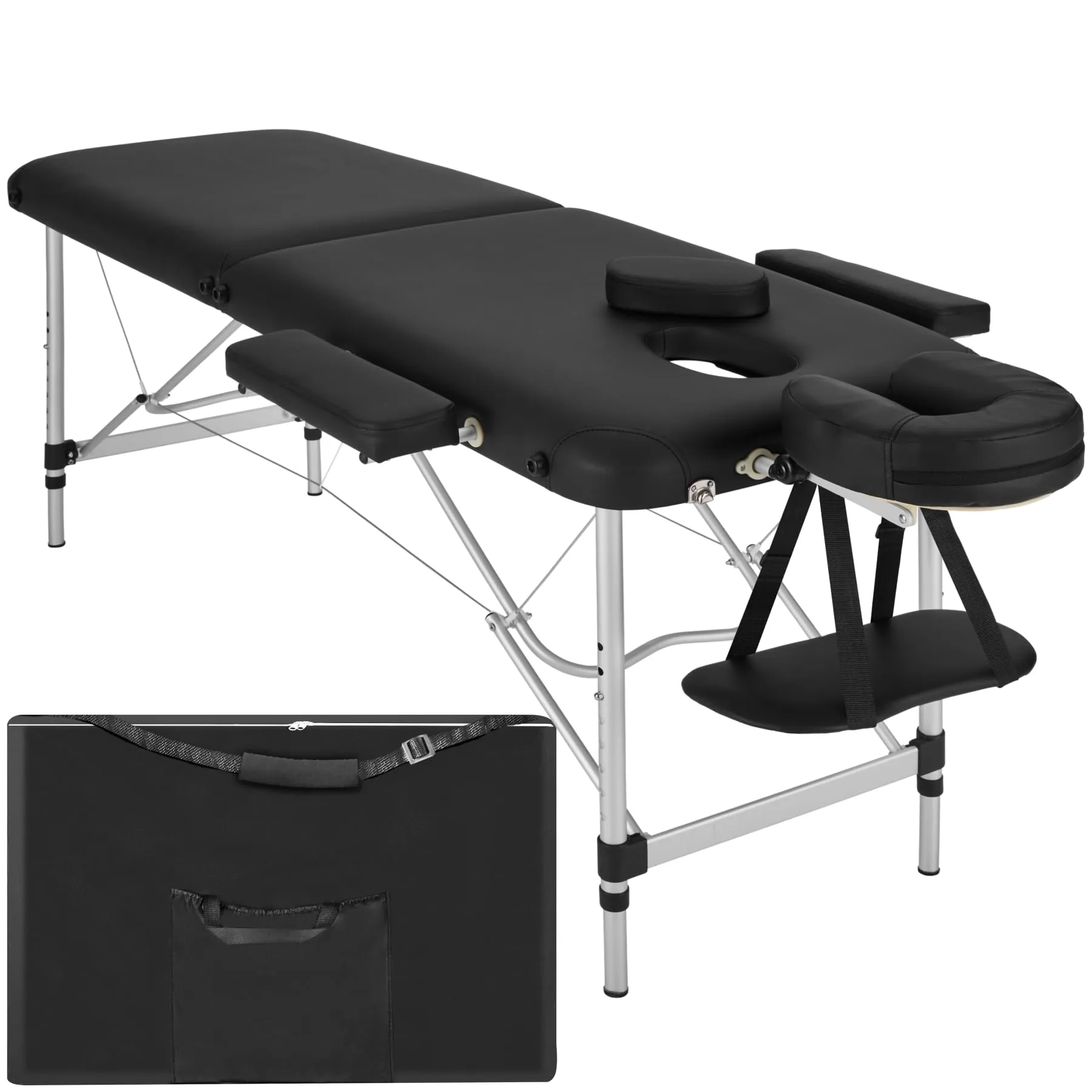 TecTake® Lettino Massaggio 2 Zone, Portatile, Regolabile, Imbottitura Comfort, Poggiatesta Multifunzione, con Borsa per Trasporto Inclusa, Capacità 230 kg - Nero