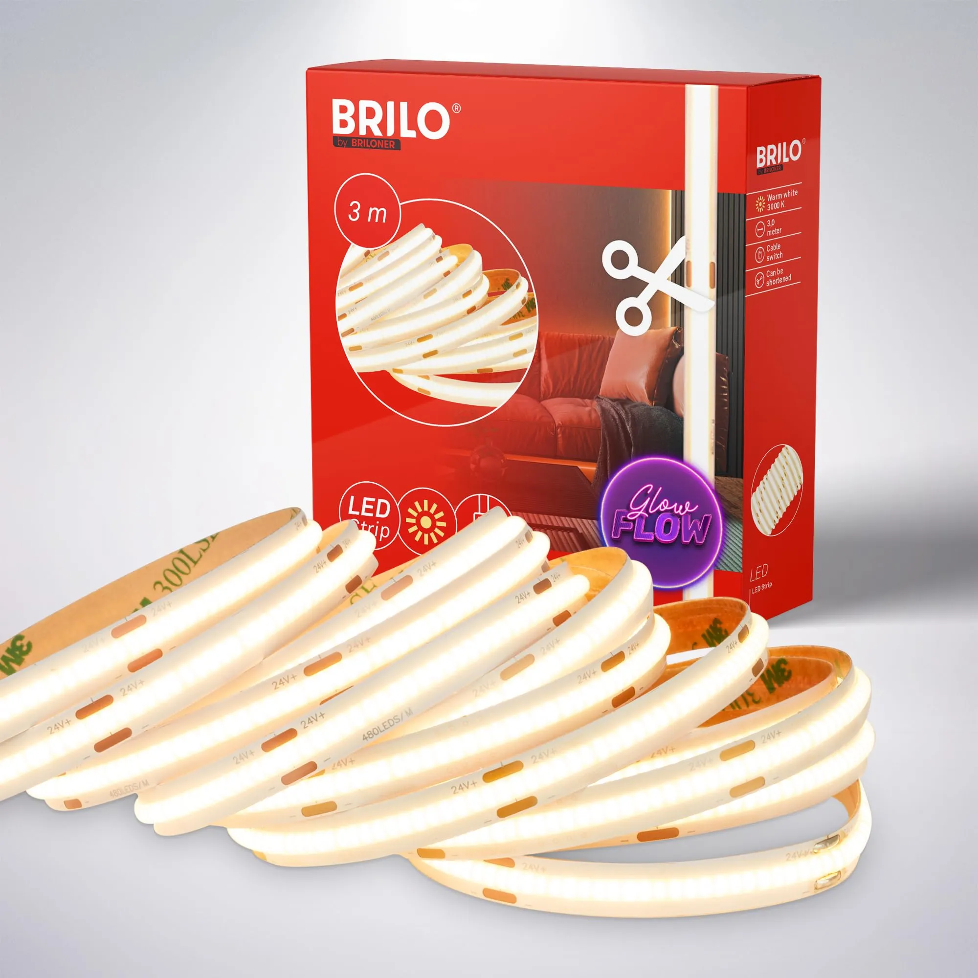 BRILONER - Striscia LED COB 3 m bianco caldo, autoadesiva, accorciabile, alta densità, striscia LED, striscia LED, decorazione di ambienti, bianco
