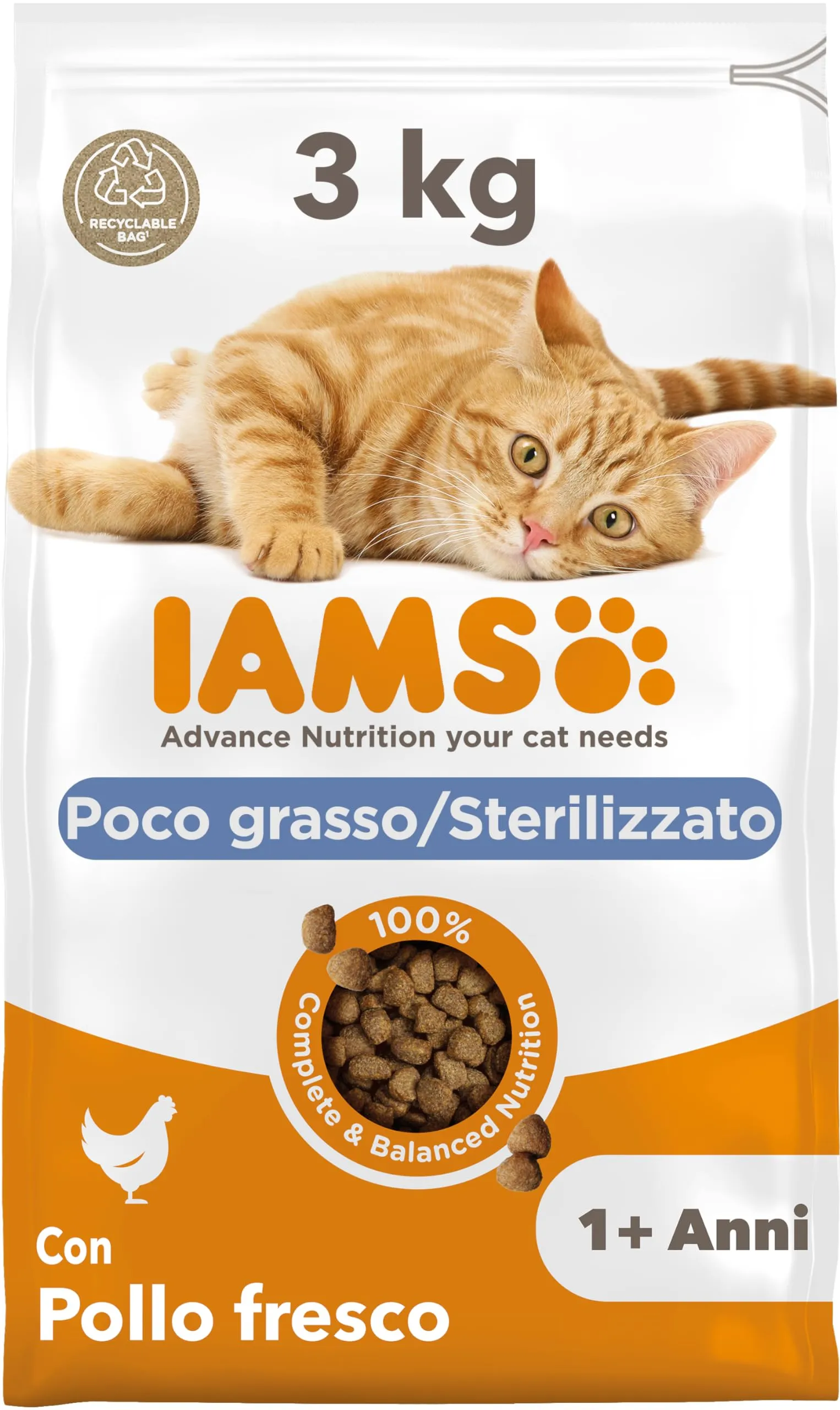 IAMS Poco grasso/Sterilizzato Cibo secco con pollo fresco per gatti di 1+ , 3 kg