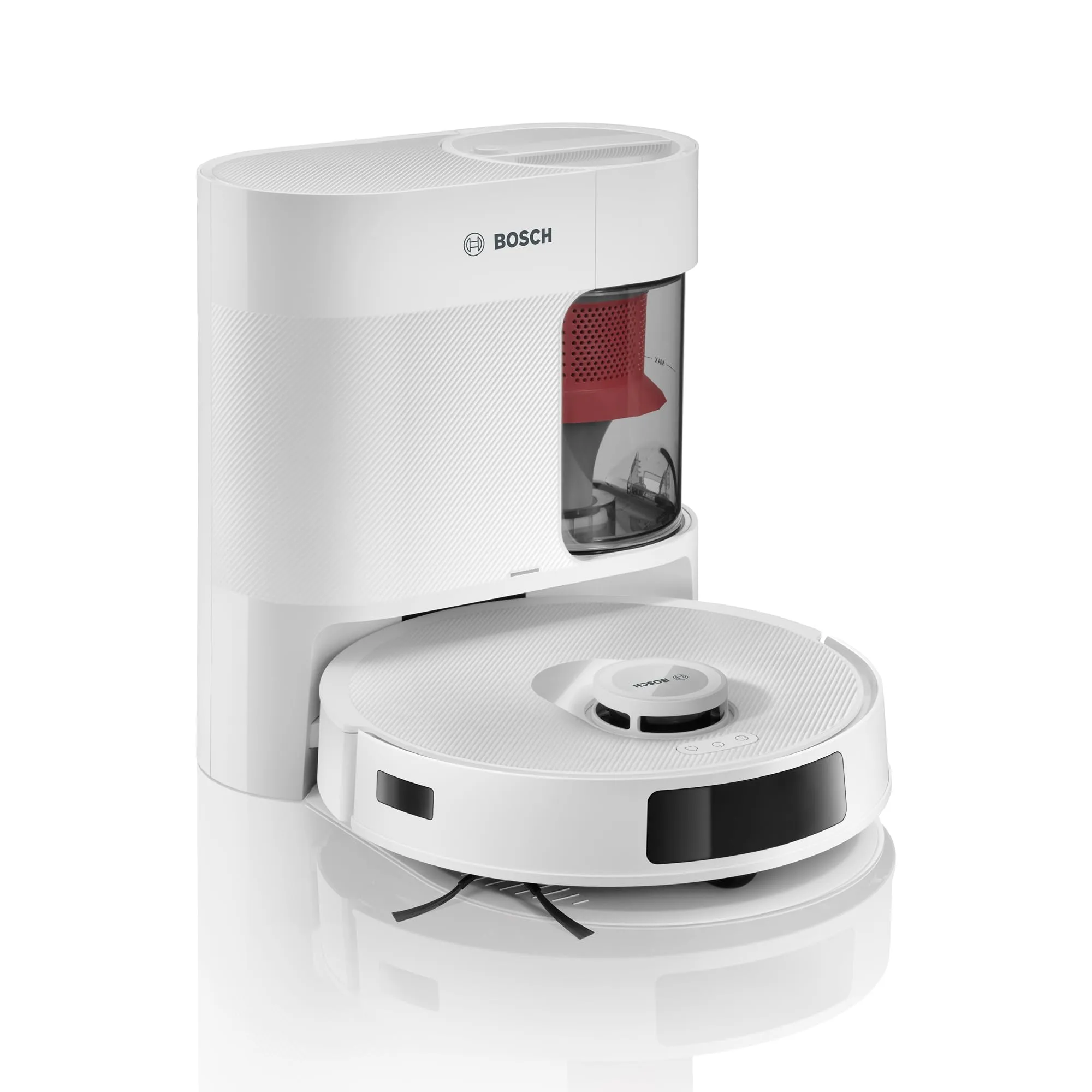 Bosch Spotless+Robot Aspirapolvere e Lavapavimenti,Potenza 11.000Pa,Panno Lavapavimenti Statico,Stazione di ricarica con autosvuotamento,Navigazione Infrarossi Smart Vision,AppBosch HomeConnect,Bianco