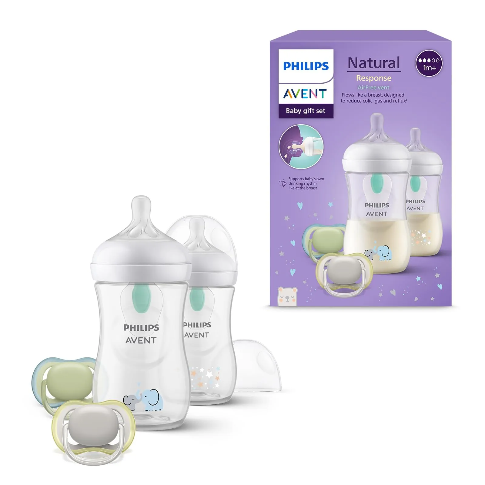 Philips Avent Natural Response set regalo per bambini: 2 biberon anti-coliche da 260 ml con tettarella flusso 3 (1m+) 2 ciucci ultra air (modello SCD657/12)