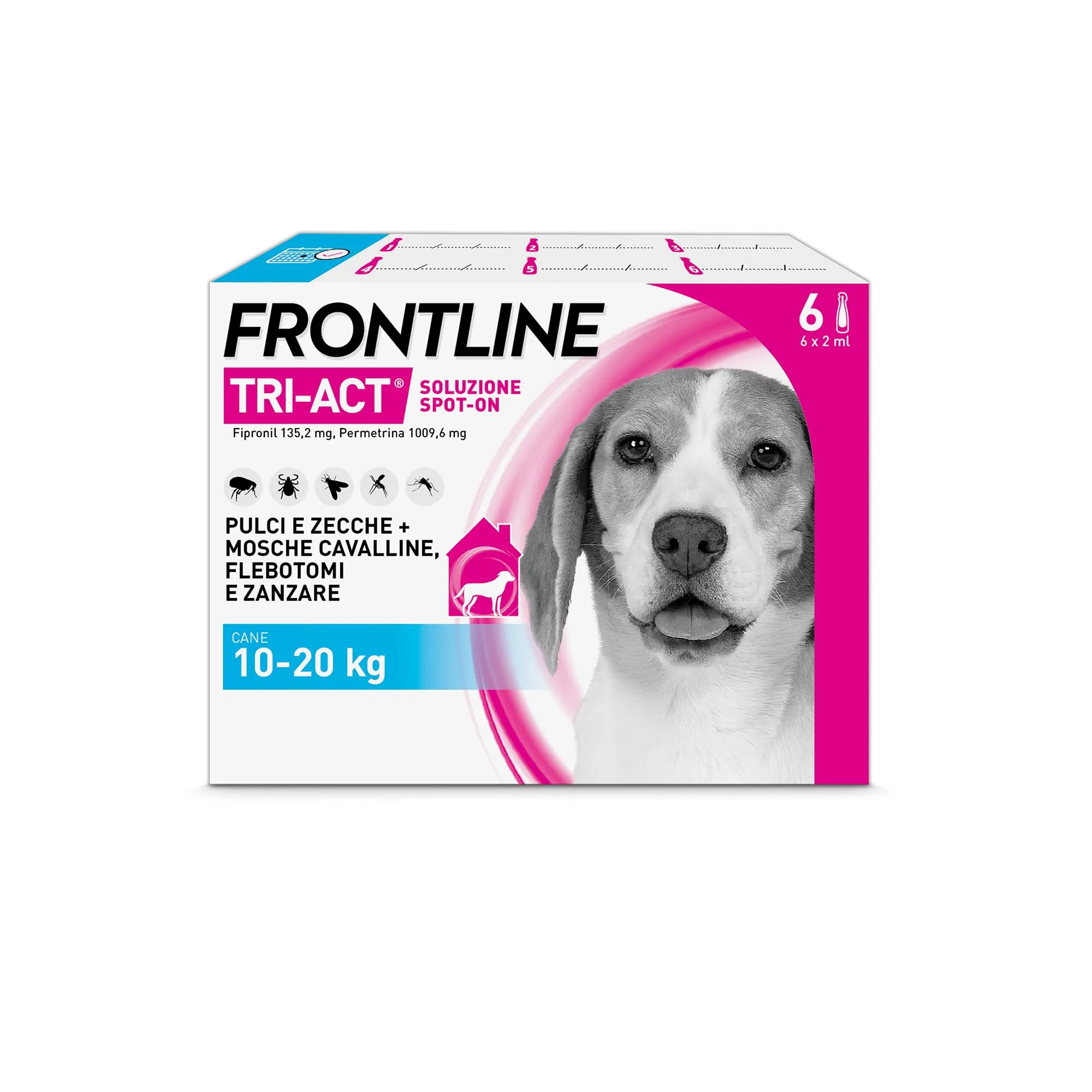 FRONTLINE Triact, 6 Pipette, Cane M (10-20Kg), Antiparassitario per Cani e Cuccioli di Lunga Durata, Protegge il Cane da Pulci, Zecche, Zanzare, Pappataci e Leishmaniosi, Antipulci 6 Pipette
