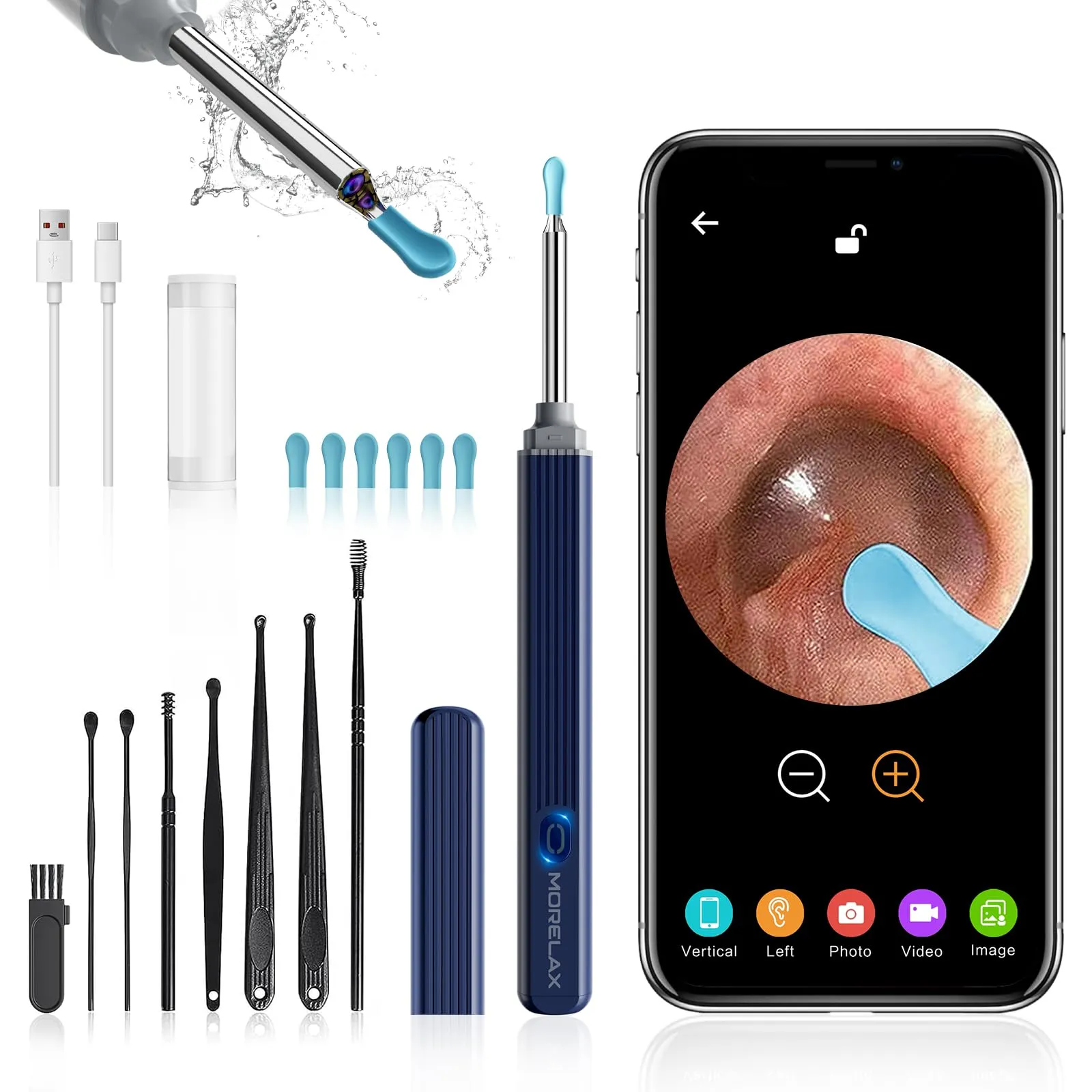 Pulitore per orecchie WiFi Morelax 1080P, otoscopio impermeabile IP67 con fotocamera a 360°, endoscopio auricolare con 6 LED per iPhone, Android, iPad, adulti, bambini e animali domestici (Nero)