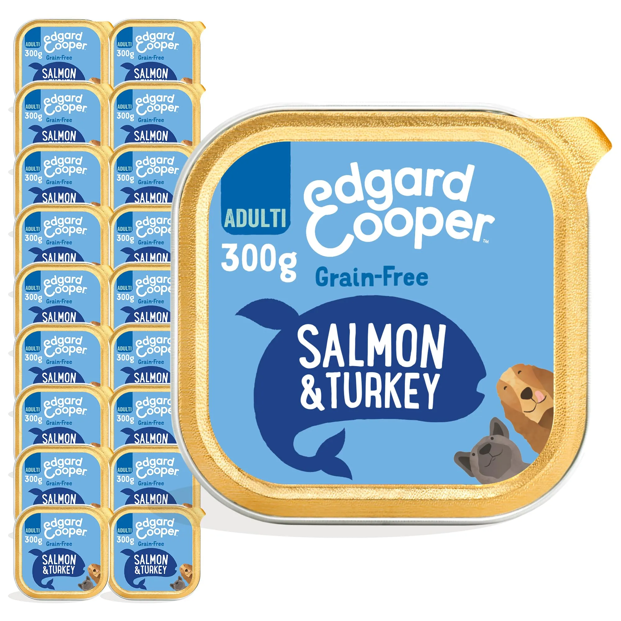 Edgard & Cooper Cibo umido per cani, Adulti, (Salmone/Tacchino, 300g x 18), umido cani, carne fresca e ingredienti naturali, senza cereali, ipoallergenico, senza zuccheri aggiunti