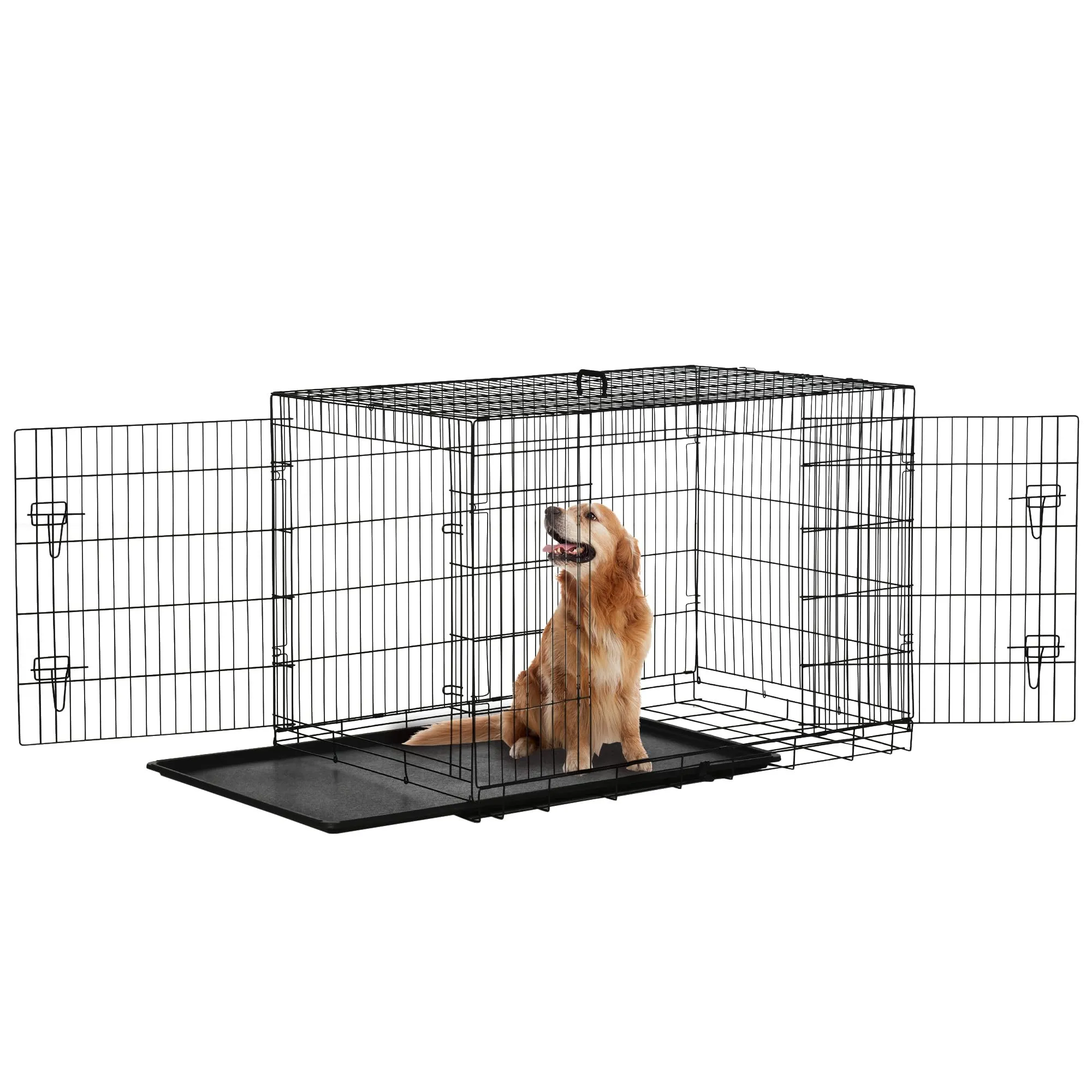 PawHut Gabbia Trasportino per Animali Domestici Pieghevole in Acciaio Doppia Porta 122 × 77 × 82cm Nero