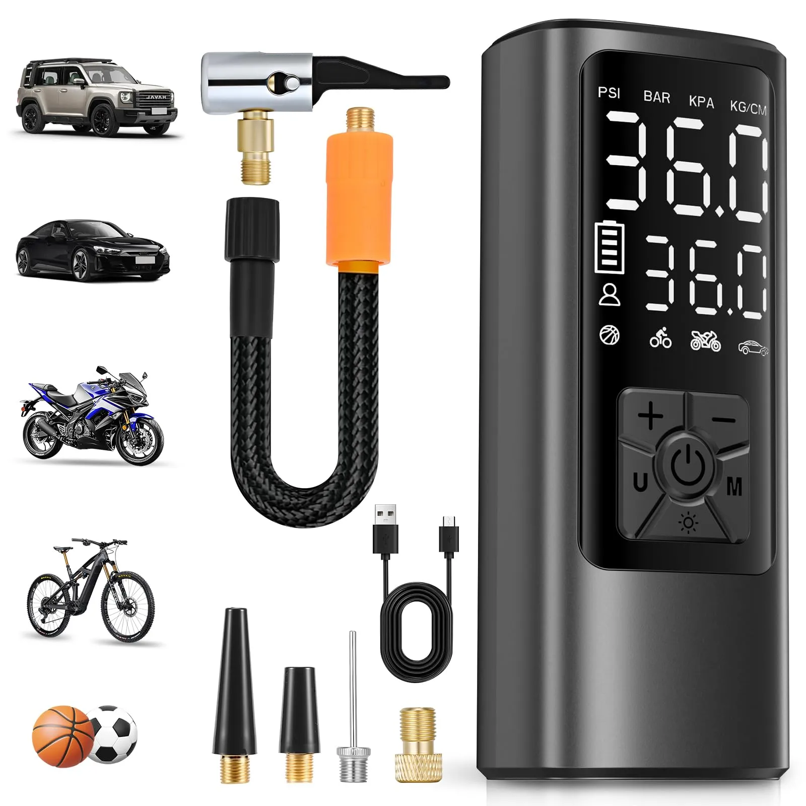 HOVVIDA Compressore ad Aria Portatile, Portable Electric Air Compressor 150 PSI (10,3 Bar) 5V, Inflazione Rapida, Spegnimento Automatico, 5200 mAh, LED, per Auto, Moto, Bicicletta, Palla