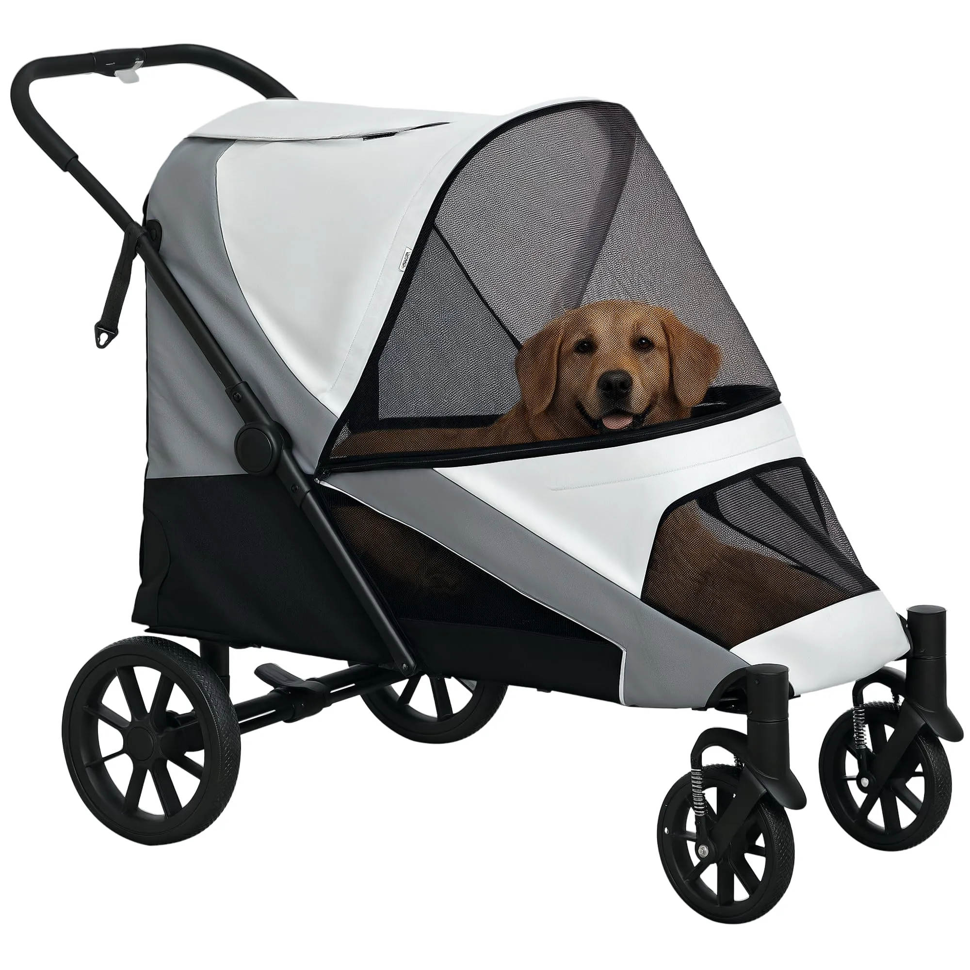 PawHut Passeggino per Cani Taglia Grande Pieghevole con Ruote Rimovibili, Cuscino e Guinzagli di Sicurezza, Passeggino per Animali in Tessuto Oxford e Acciaio con Borsa Portaoggetti, Grigio
