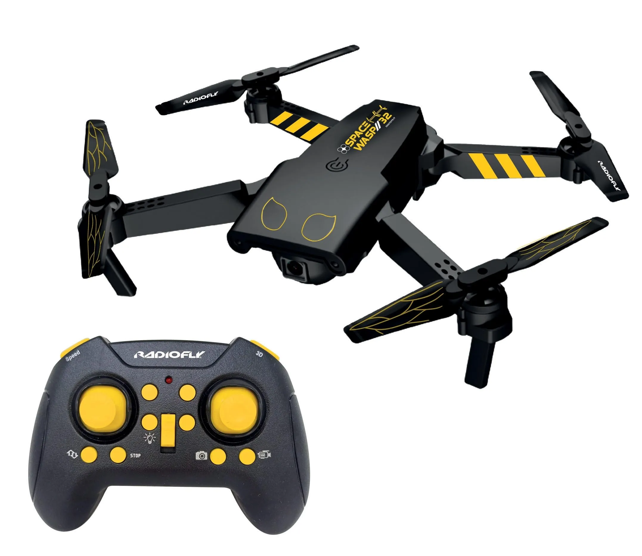 Radiofly - Space Wasp 32 - Drone RC 2.4GHz richiudibile - Camera 480p - Wi-Fi - App - 8 funzioni - 3 velocità - Flip 360° - Fermoposizione - Decollo/Atterraggio assistiti - 32x27x5.2 cm