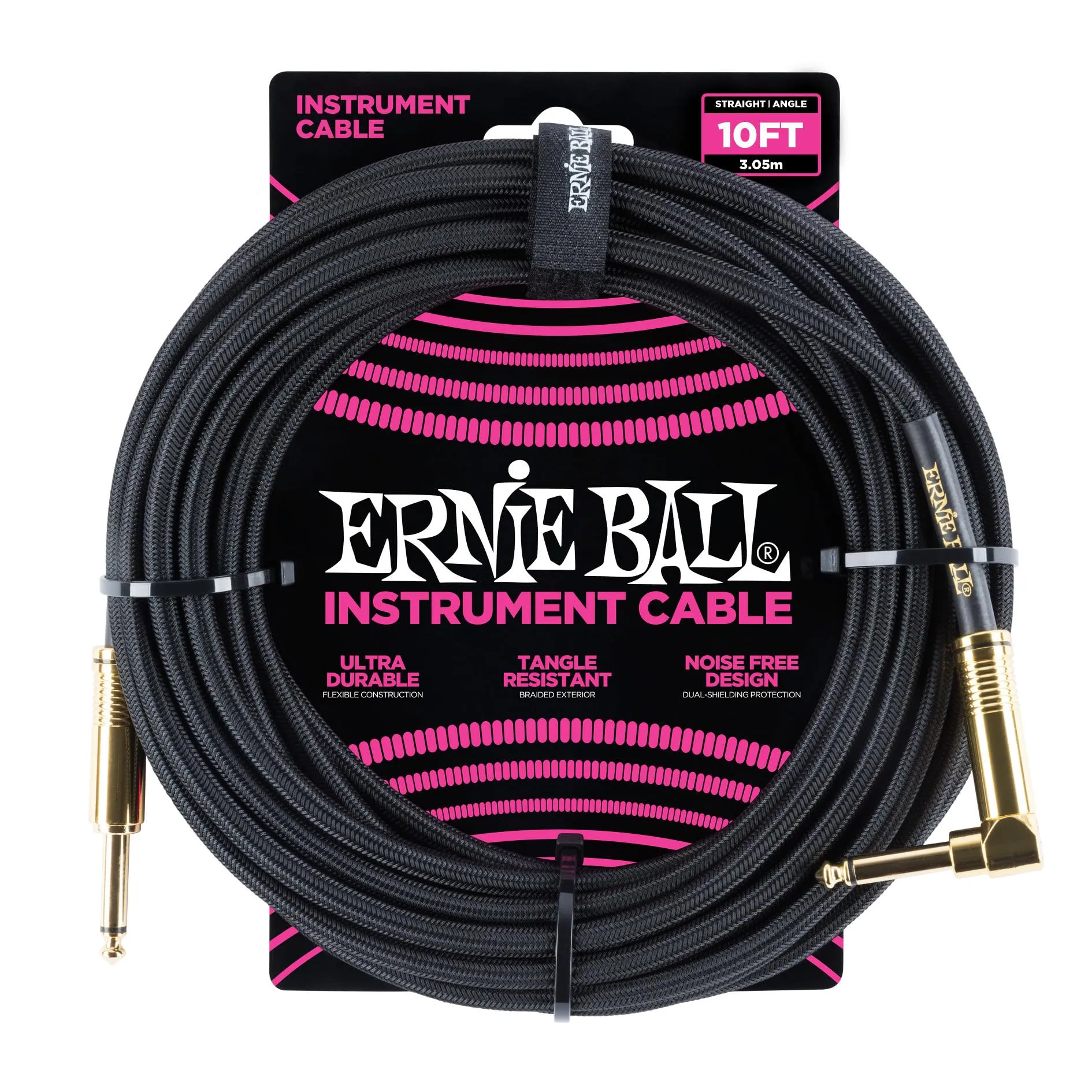 Ernie Ball, Cavo intrecciato per strumenti, dritto / angolato, 3,05 m, nero