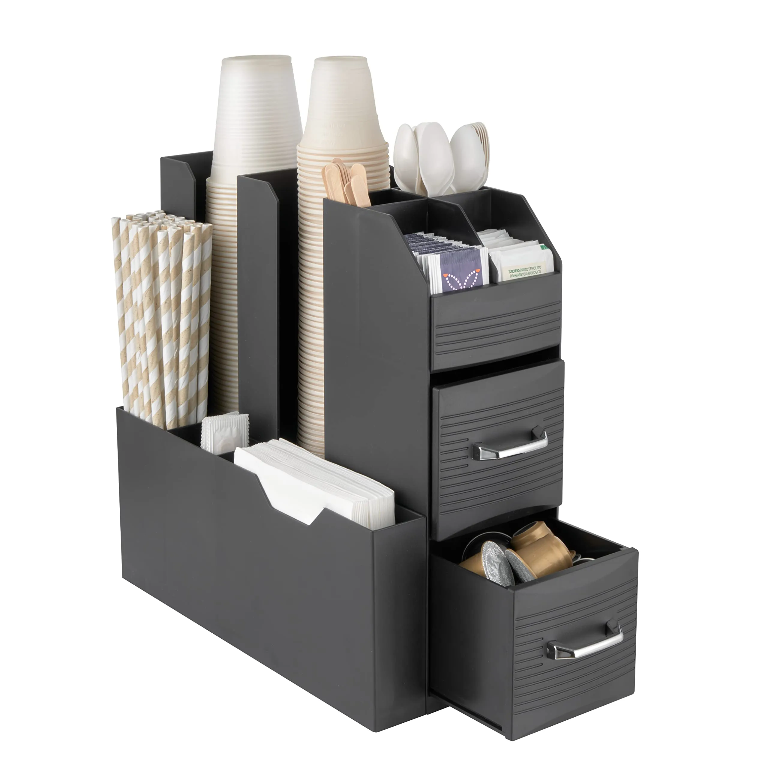Baroni Home Coffee Station Porta Caffè Professionale, 11 scomparti, Porta Capsule con Divisione a Scomparti, capacità 55 capsule, Organizzatore per Caffetteria con Cassettiera, Nero