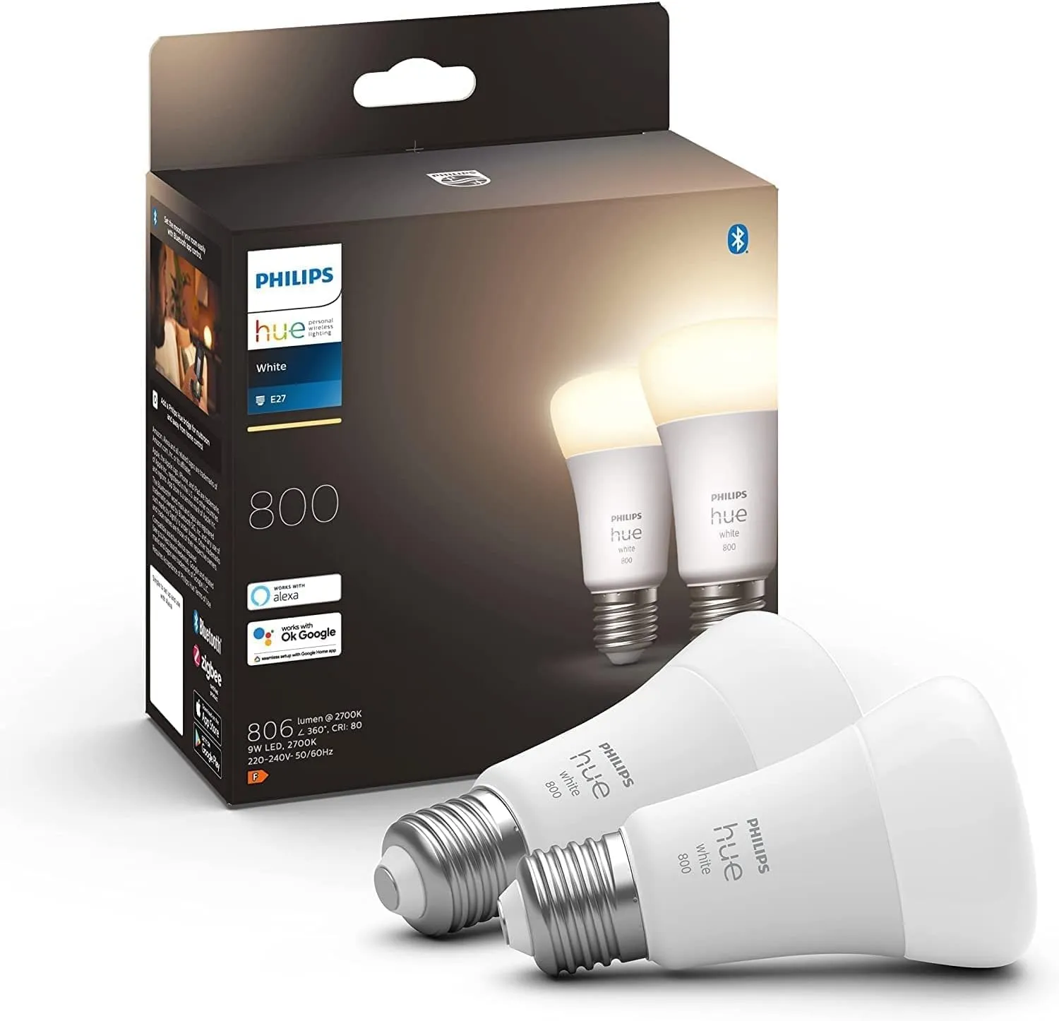 Philips Lighting Hue White Lampadine LED Connesse, con Bluetooth, Attacco E27, Dimmerabile, Luce Bianca Calda Dimmerabile, 2 Pezzi, Dispositivo Certificato per gli umani