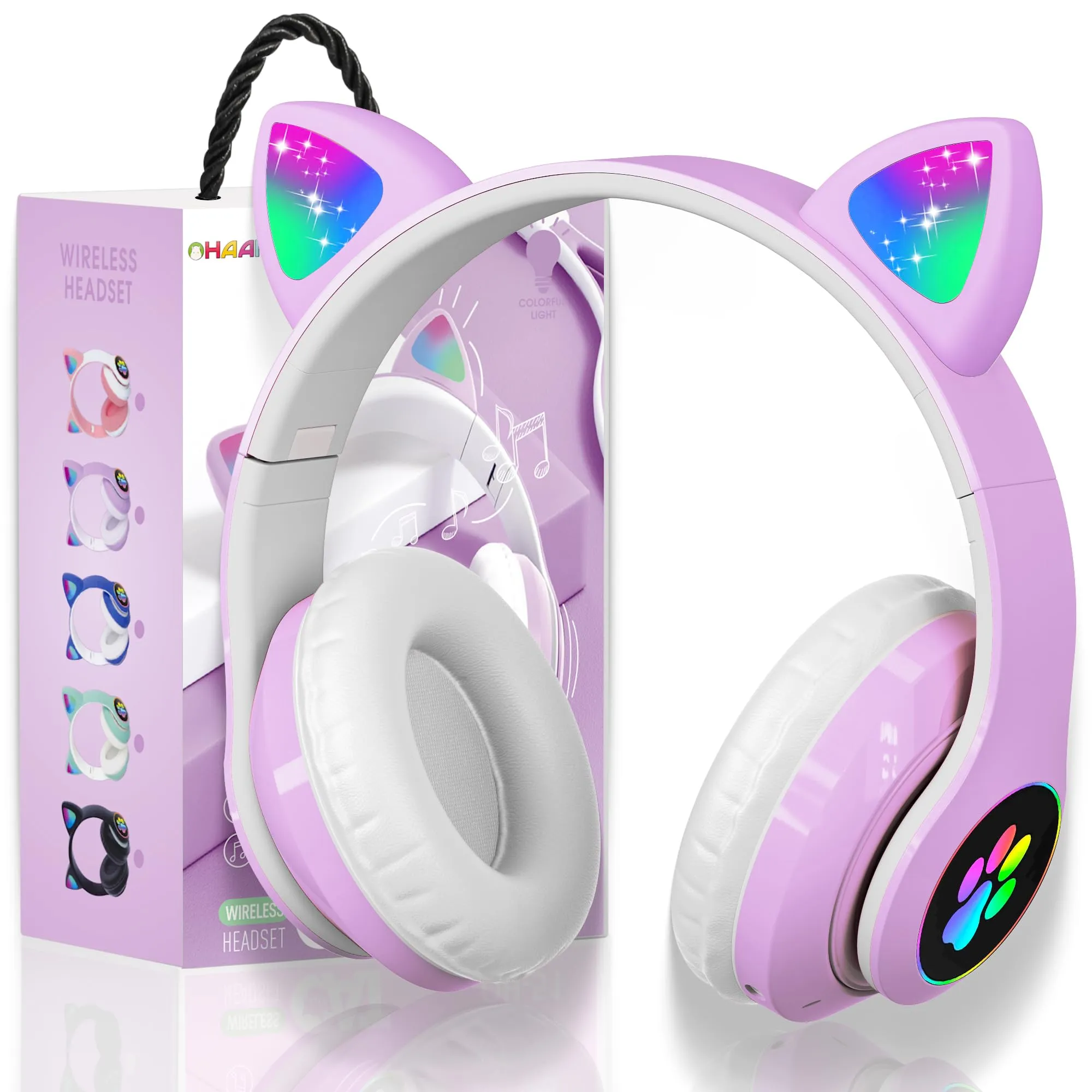 Cuffie per Bambini Wireless con Luce LED, Cuffie Bluetooth per Ragazze con Orecchie di Gatto Cuffie Pieghevoli Sull'orecchio con Microfono, Micro SD Regalo di Natale/Compleanno per Ragazze(Viola)