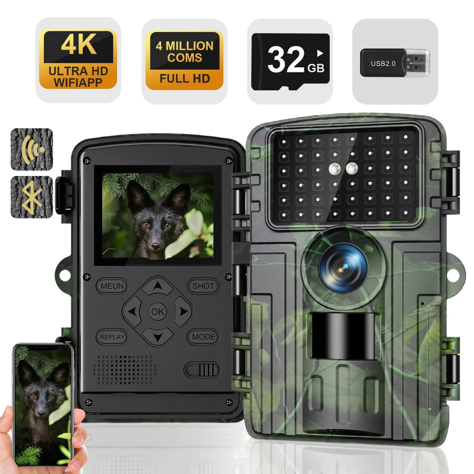 Fototrappola WiFi 4K 60MP con App,Fototrappola Notturna con IR Visione 120 Ultra Grandangolo, Sensore di Movimento visione nottuma, fotocamera termica, caccia, 0,2s, 940nm,bassa luminosità, infrarossi
