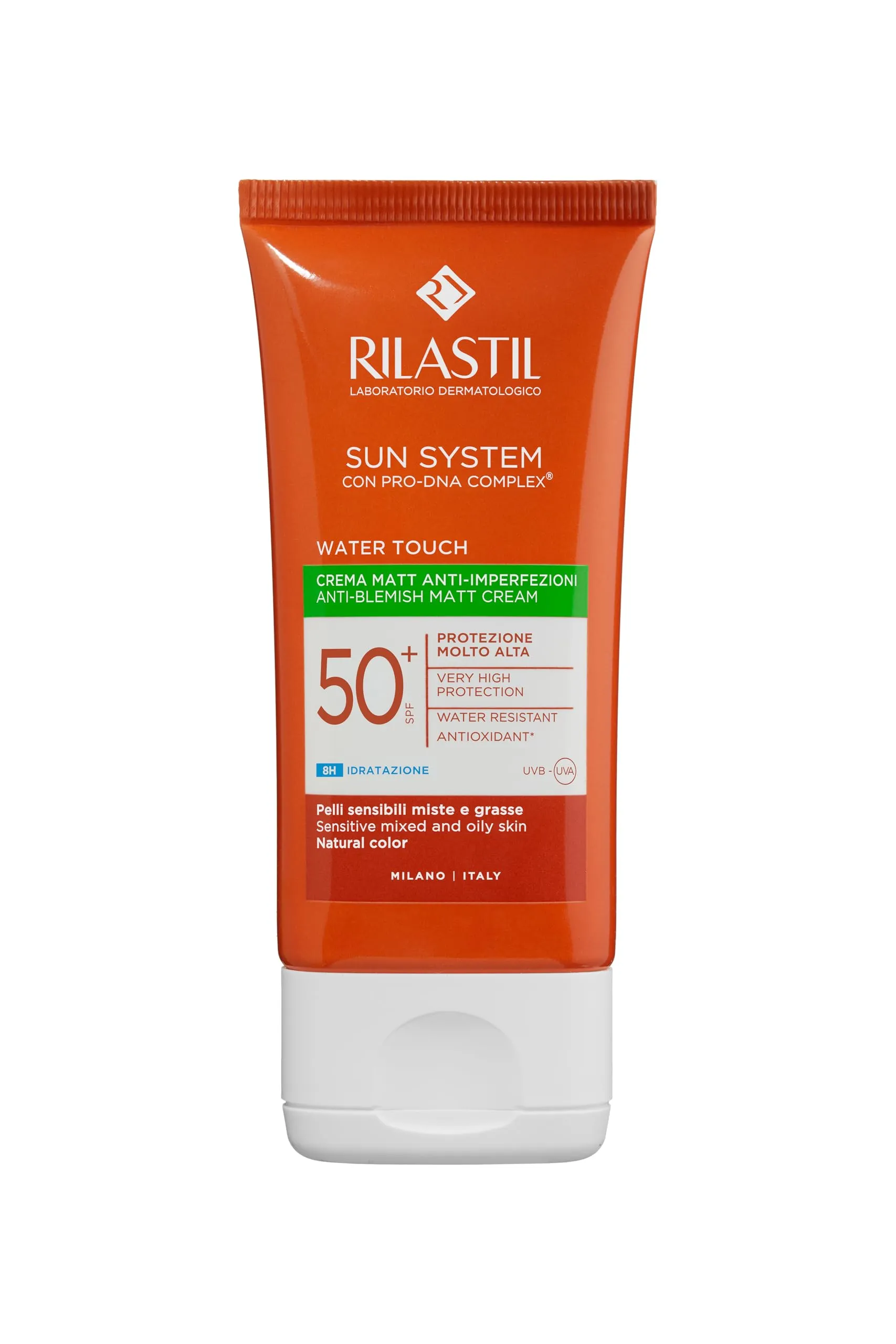 Rilastil Sun System Water Touch Fluido Comfort, Fluido Solare Idratante e Antiossidante, Effetto Matt, SPF 50+, per Pelli Sensibili, Normali e Miste, Confezione da 50 ml