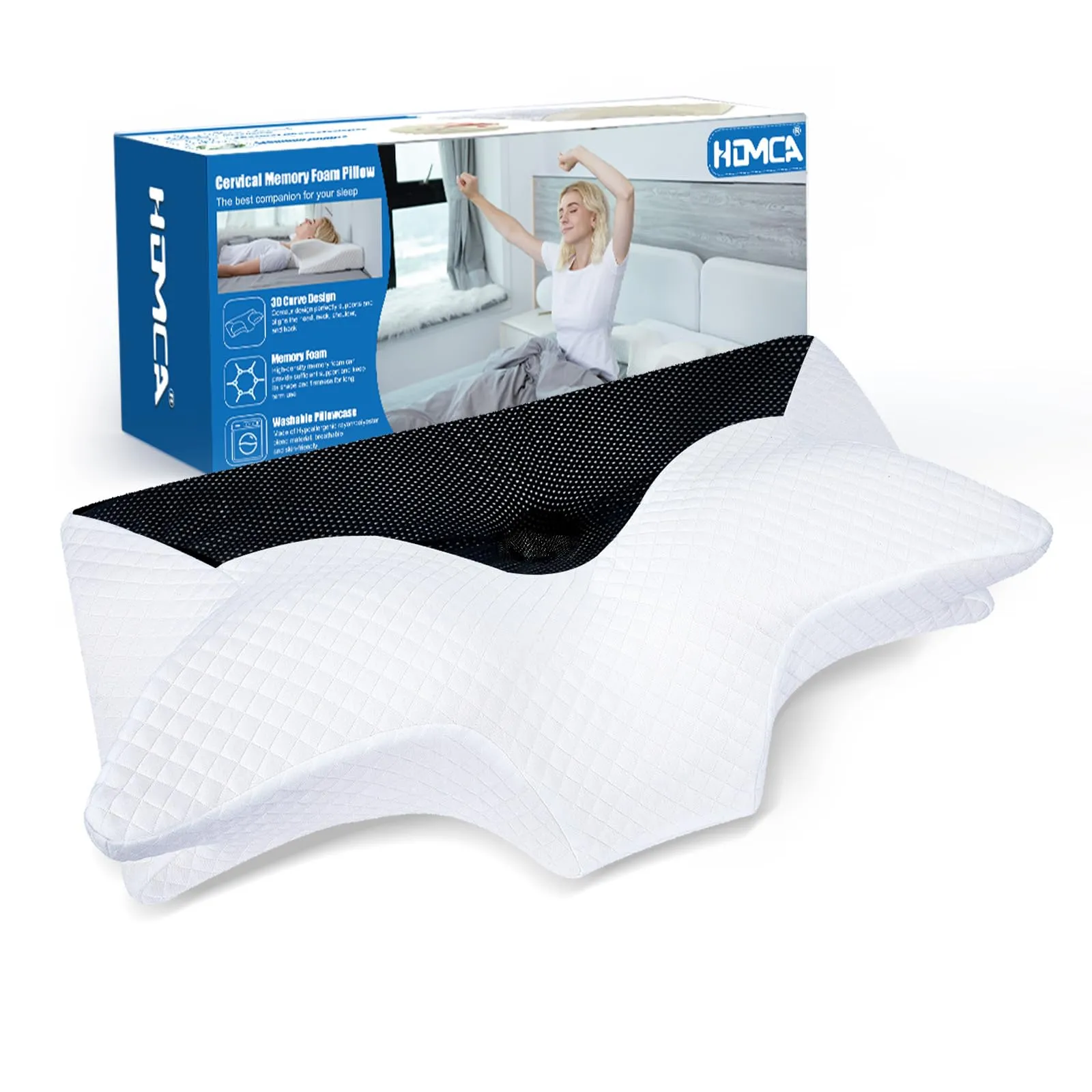 HOMCA Cuscino Cervicale Ortopedico in Memory Foam, Cuscino Ergonomico per Sostenere e Alleviare la Pressione nel Collo, Cuscino per Dormire con Federa Lavabile, 70 x 40 x 8,5/14cm, Nero