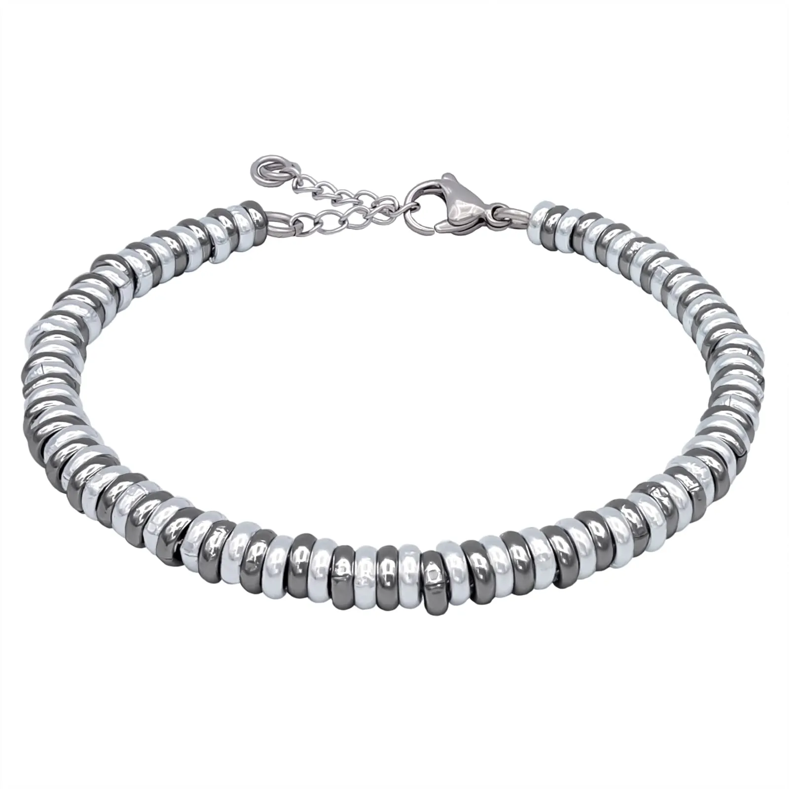 ParticolarModa Bracciale Donna regolabile anellini acciaio alluminio morbido 5 mm (Regolabile da 19 a 22 cm (x polso 16-18), Argentato/Fumè)