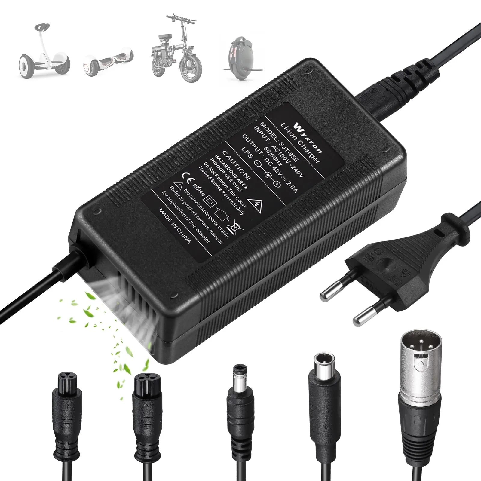 Wyxron Caricatore Monopattino Elettrico, Caricatore Hoverboard 42V 2A Adattatore Universale con Ventola 5 Connettori per Litio 36v, per Xiaomi/Ninebot/Bici Equilibrata/Drifting Board