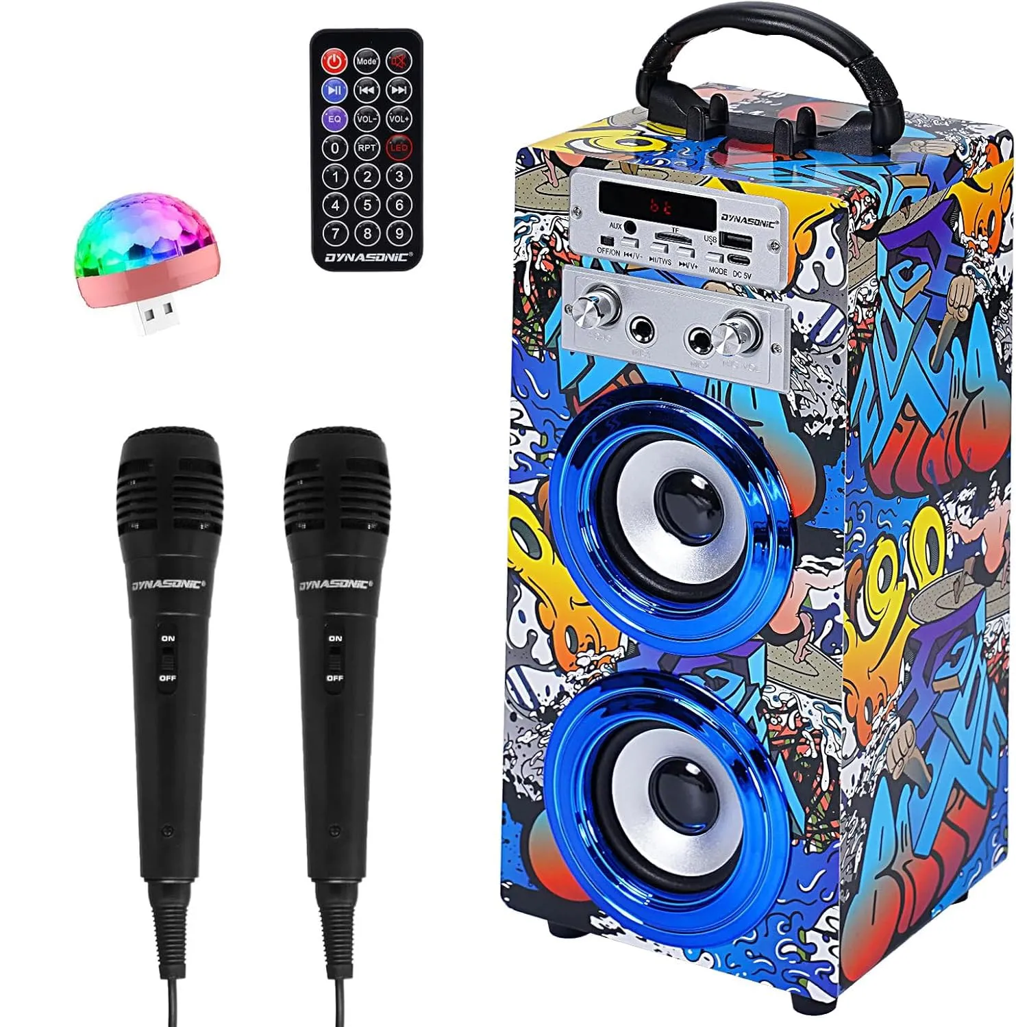 DYNASONIC Macchina Karaoke Portatile, 2 Microfoni, Altoparlante Bluetooth, Luci, Lettore USB e SD (025-16 lights)